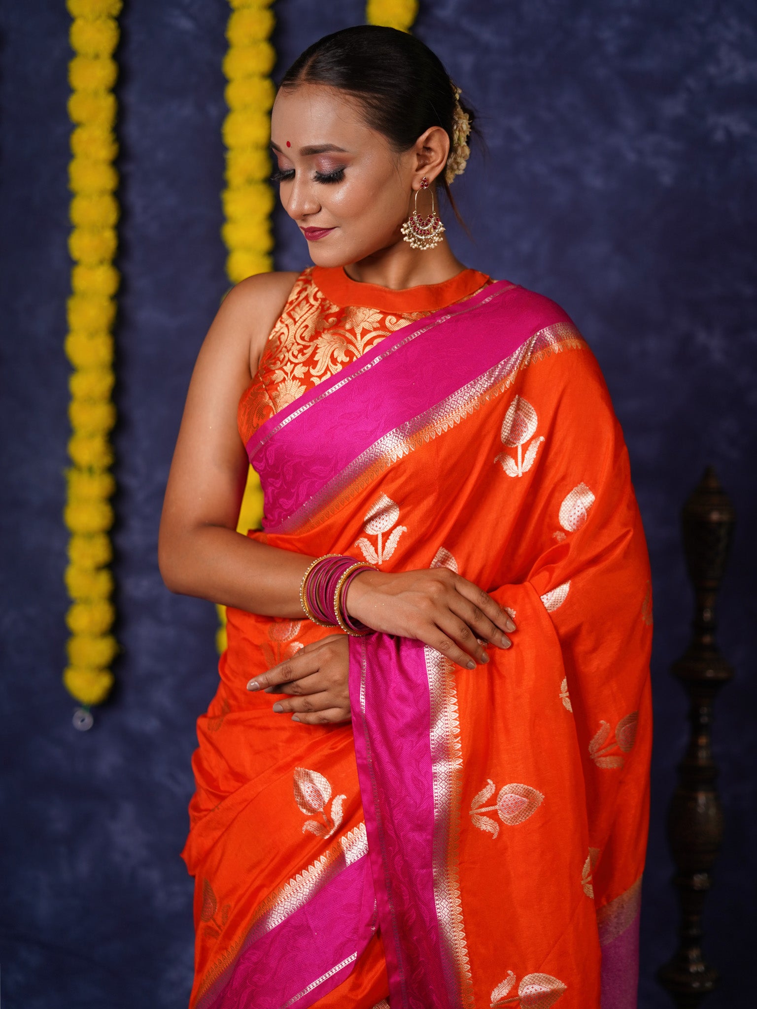 Banarasi Semi Silk Saree With Floral Zari Weaving & Contrast Border - Orange