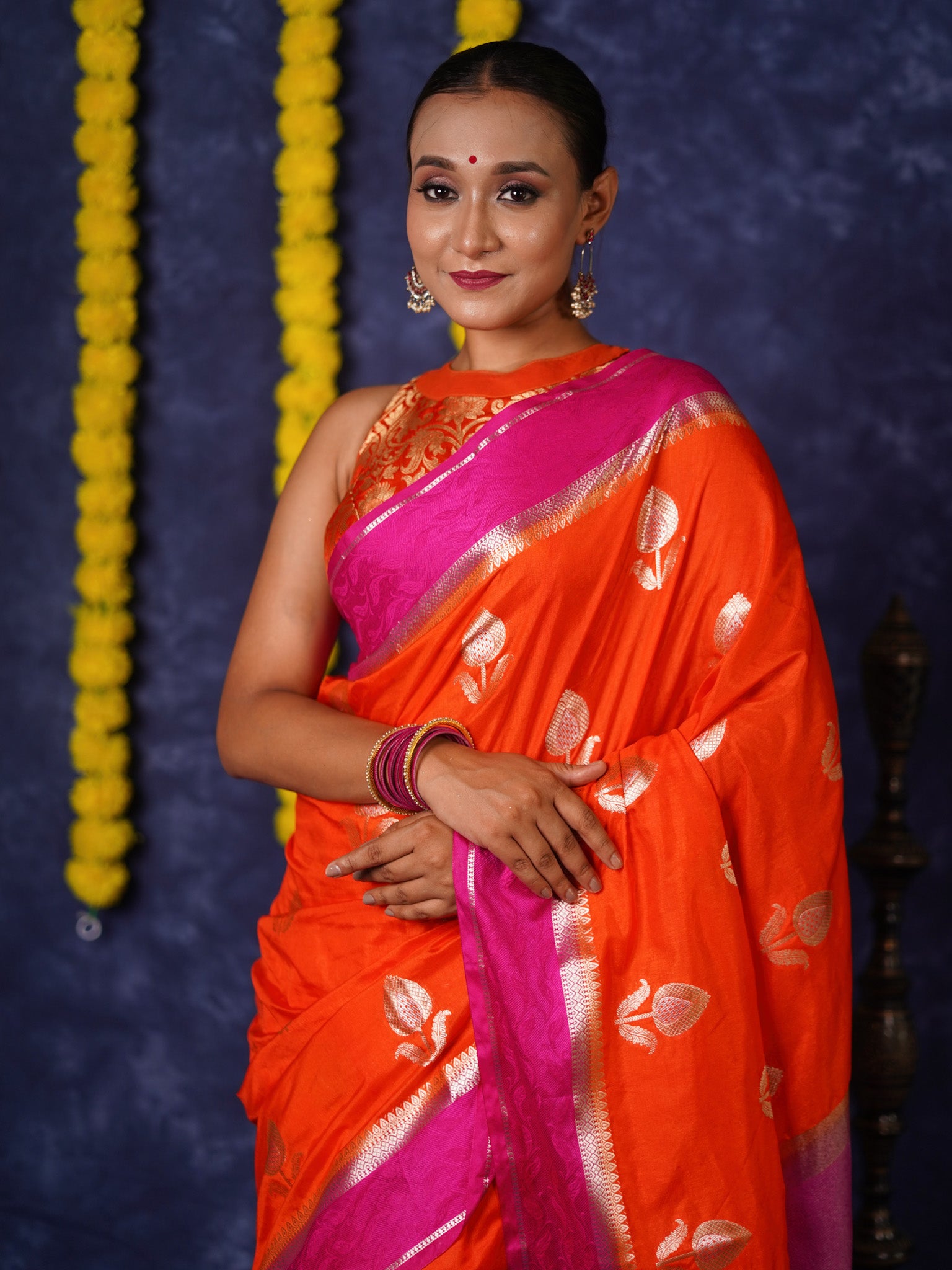 Banarasi Semi Silk Saree With Floral Zari Weaving & Contrast Border - Orange