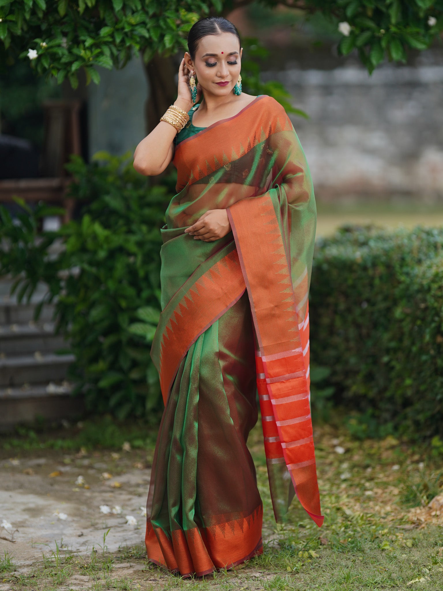 Banarasi Plain Shaded Tissue Saree With Zari Border - Green