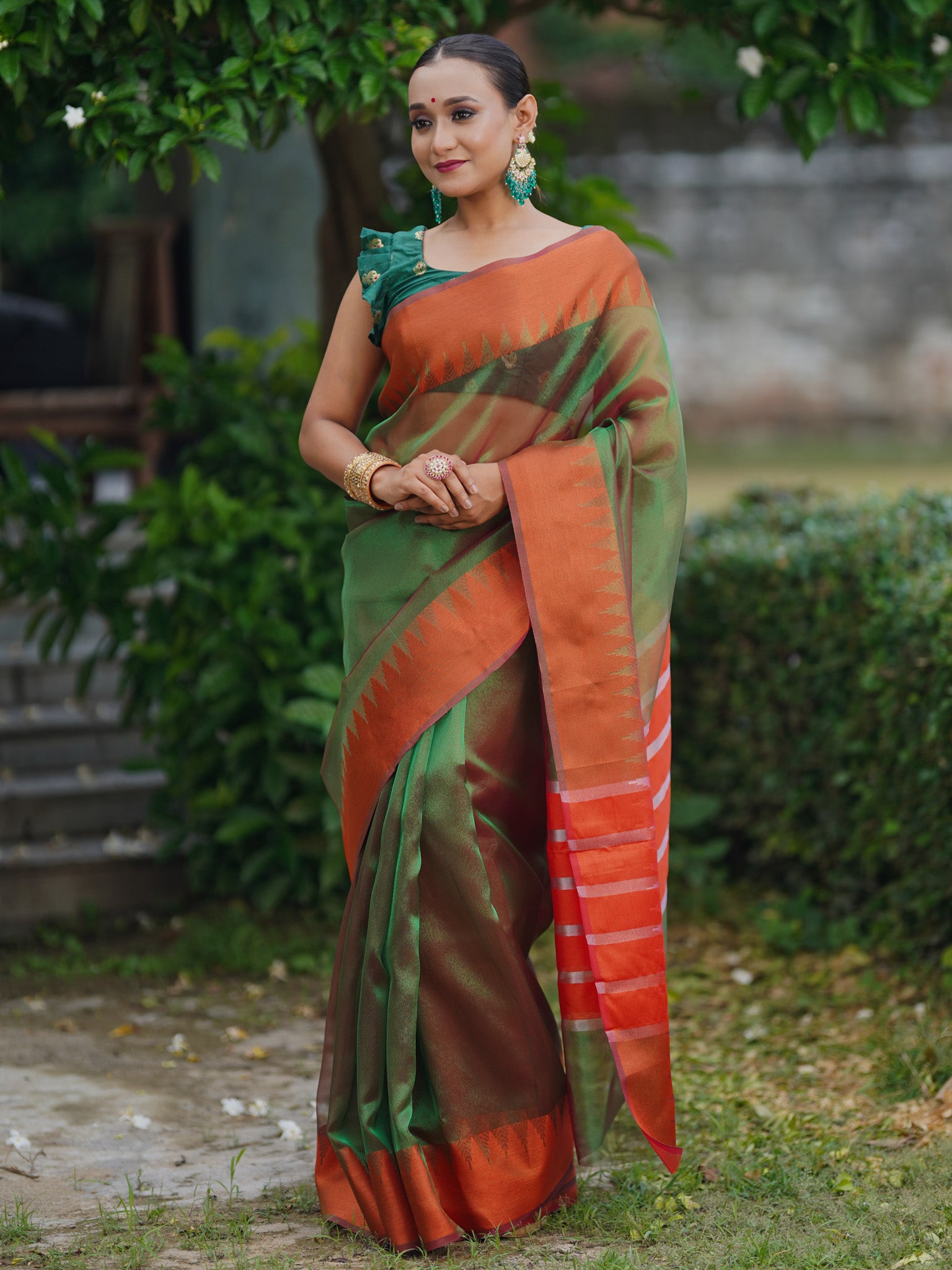 Banarasi Plain Shaded Tissue Saree With Zari Border - Green