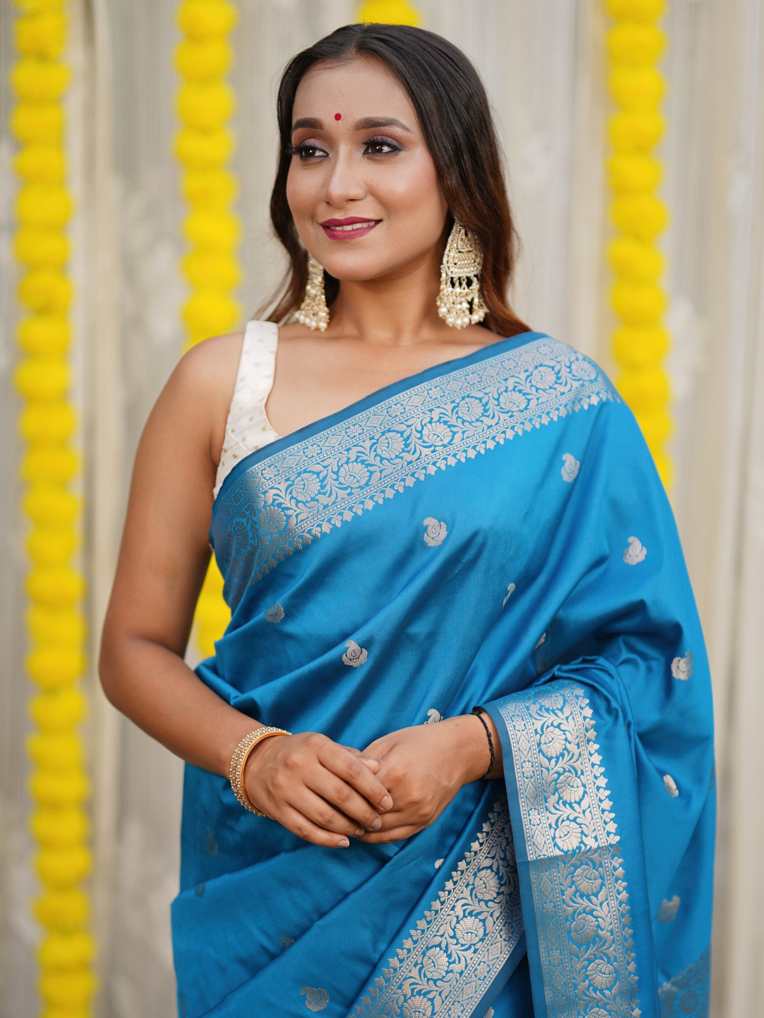 Banarasi Semi Silk Saree With Buti Zari Weaving & Border - Blue