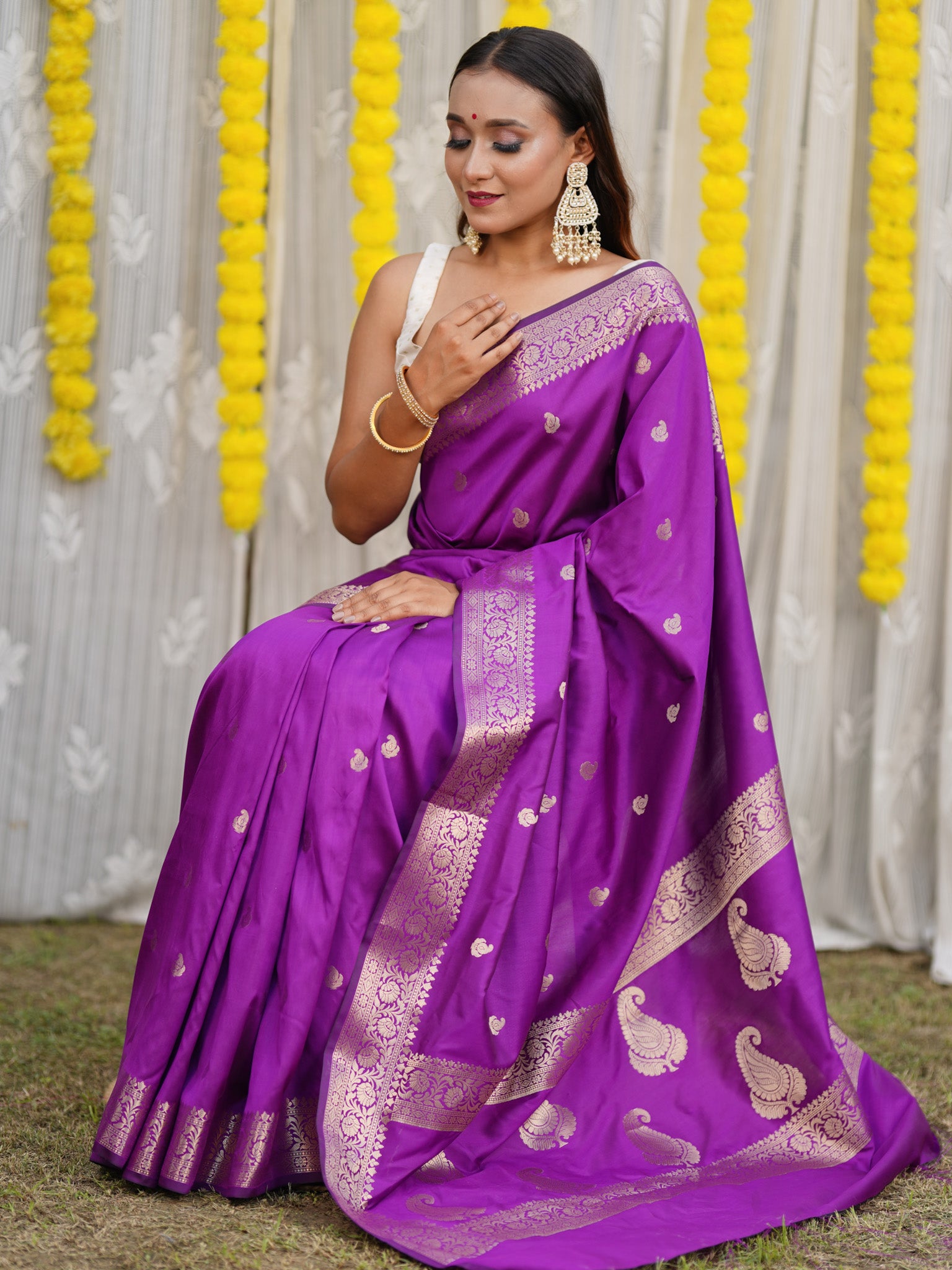 Banarasi Semi Silk Saree With Buti Zari Weaving & Border - Purple