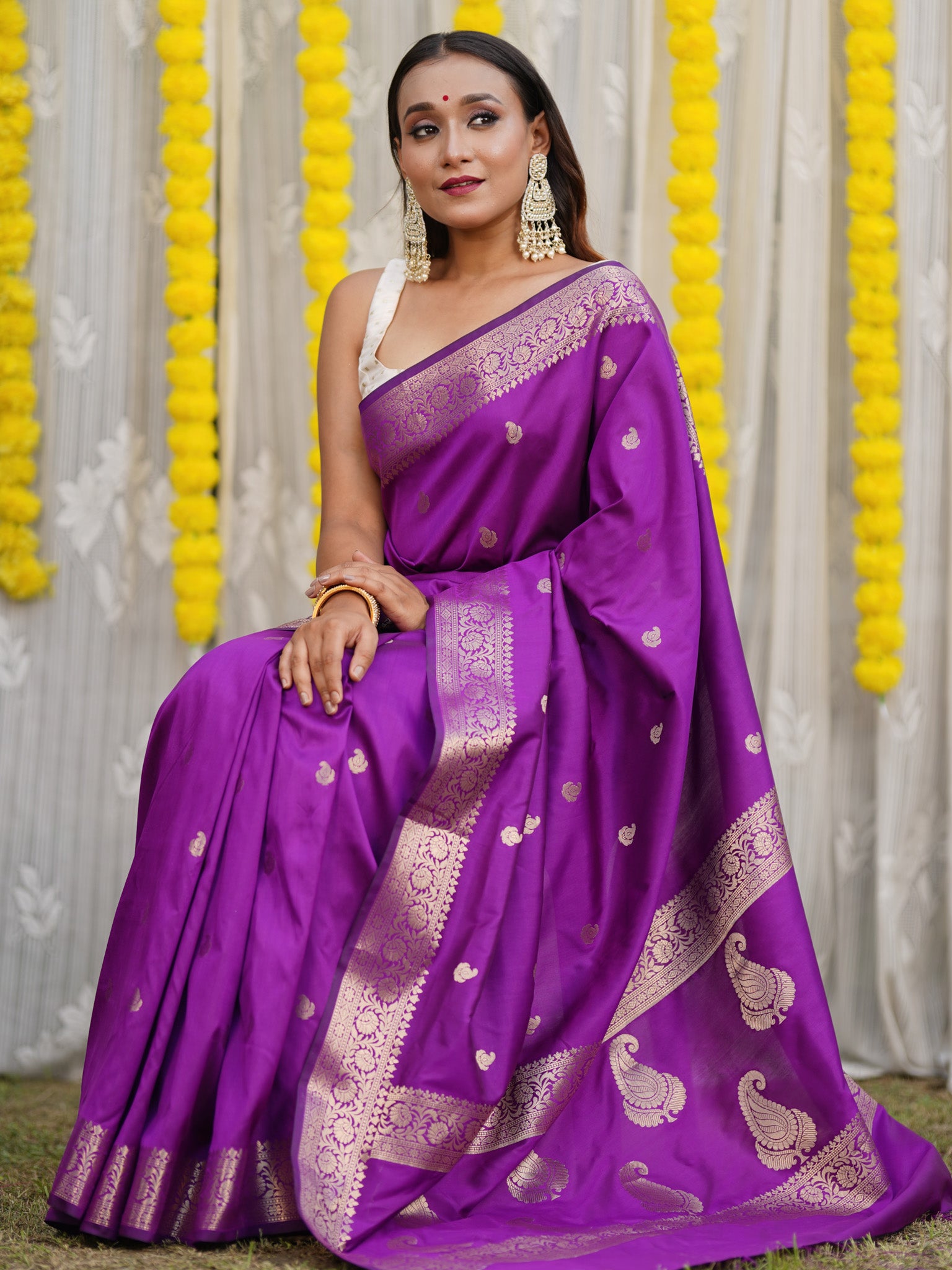 Banarasi Semi Silk Saree With Buti Zari Weaving & Border - Purple