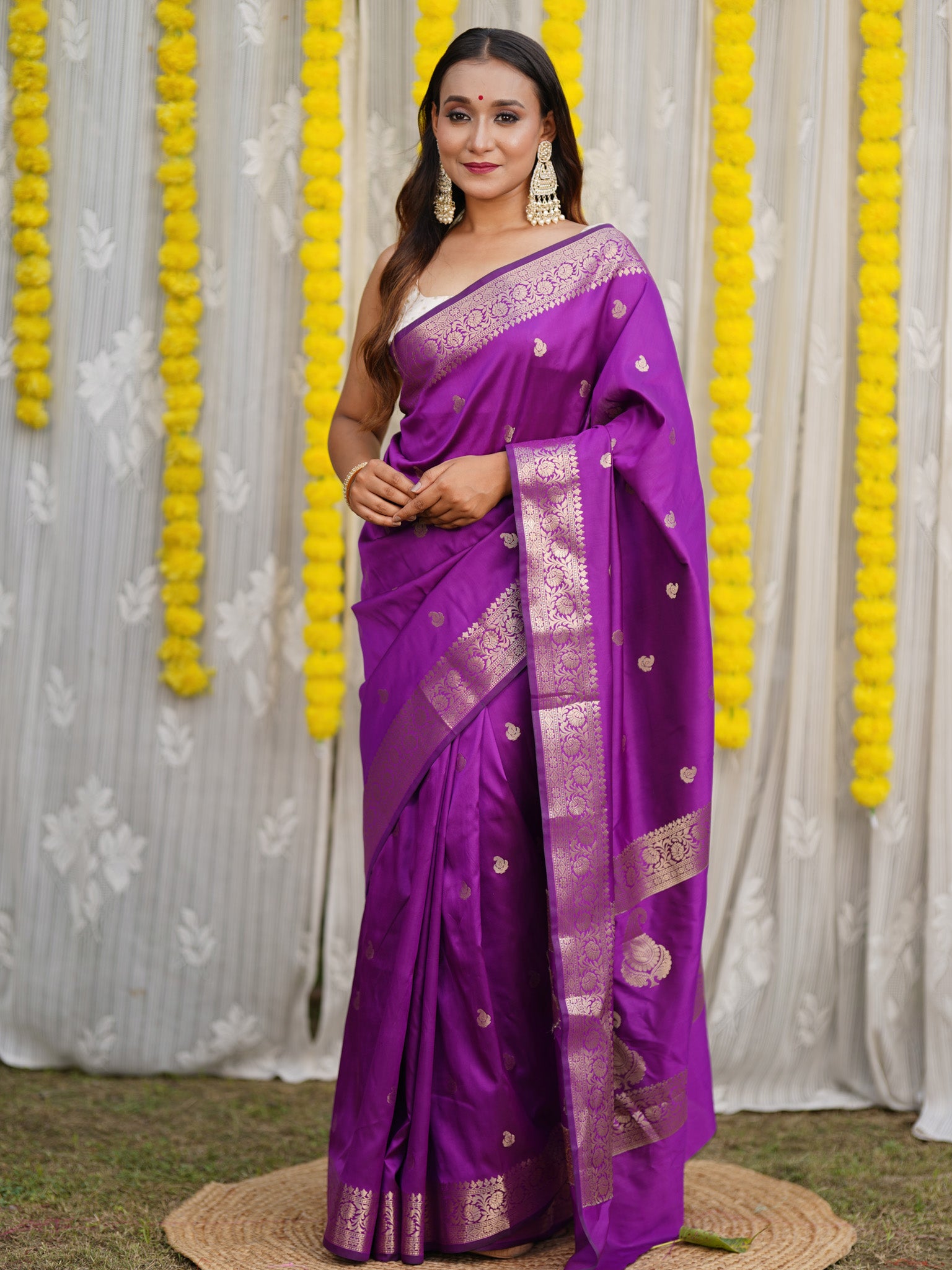 Banarasi Semi Silk Saree With Buti Zari Weaving & Border - Purple
