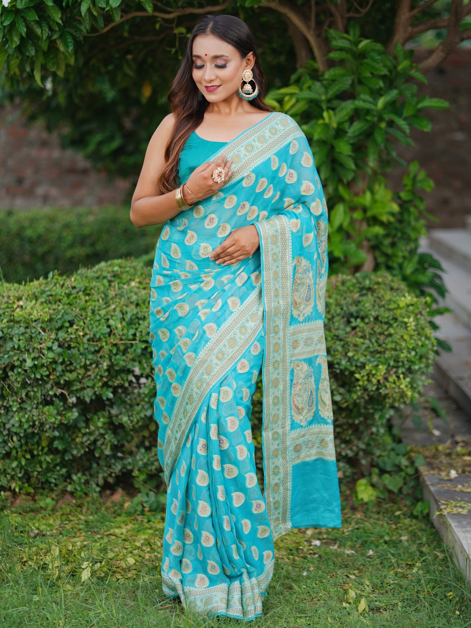Banaras Pure Georgette Saree With Resham Weaving- Sky Blue
