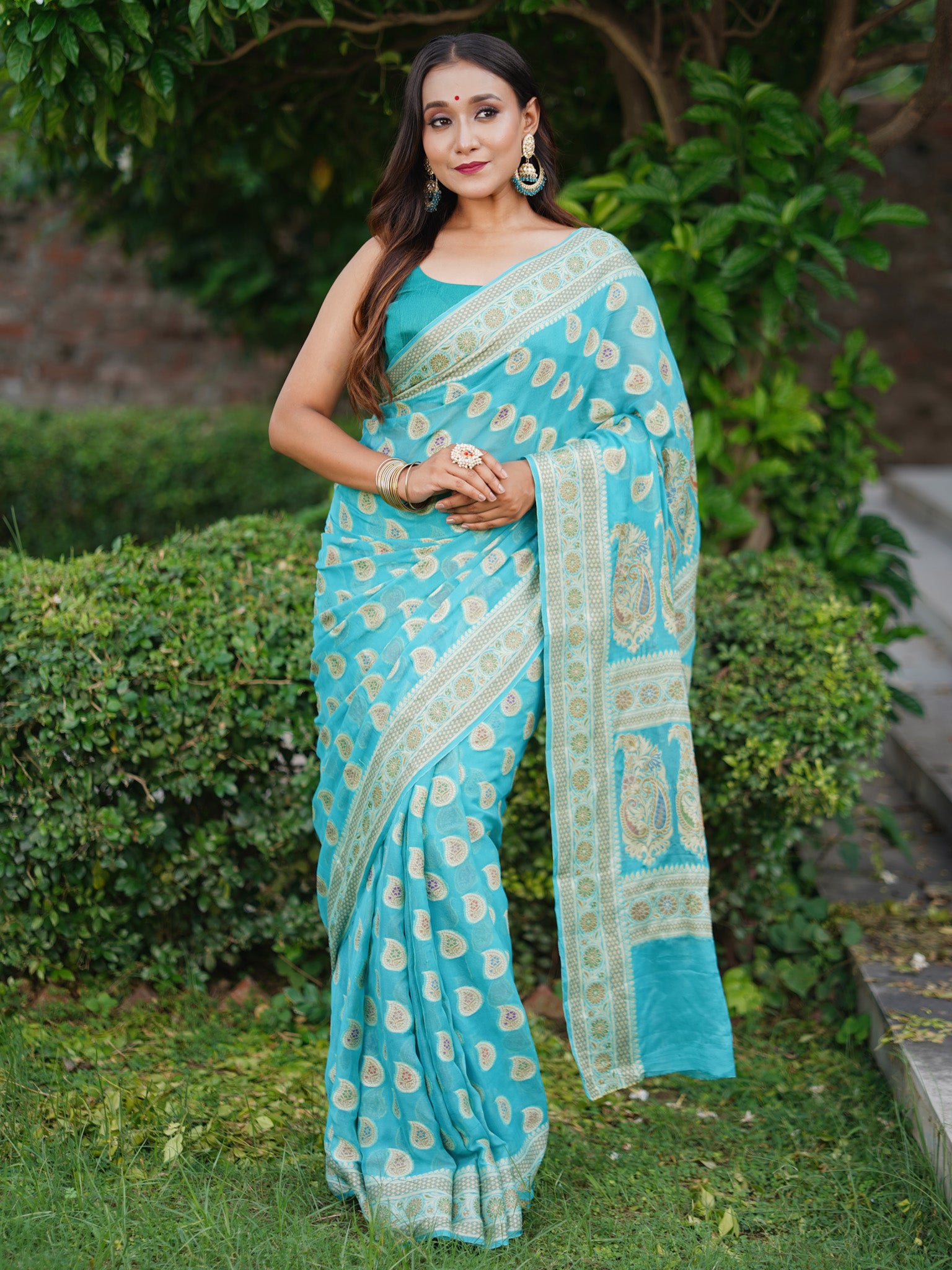 Banaras Pure Georgette Saree With Resham Weaving- Sky Blue