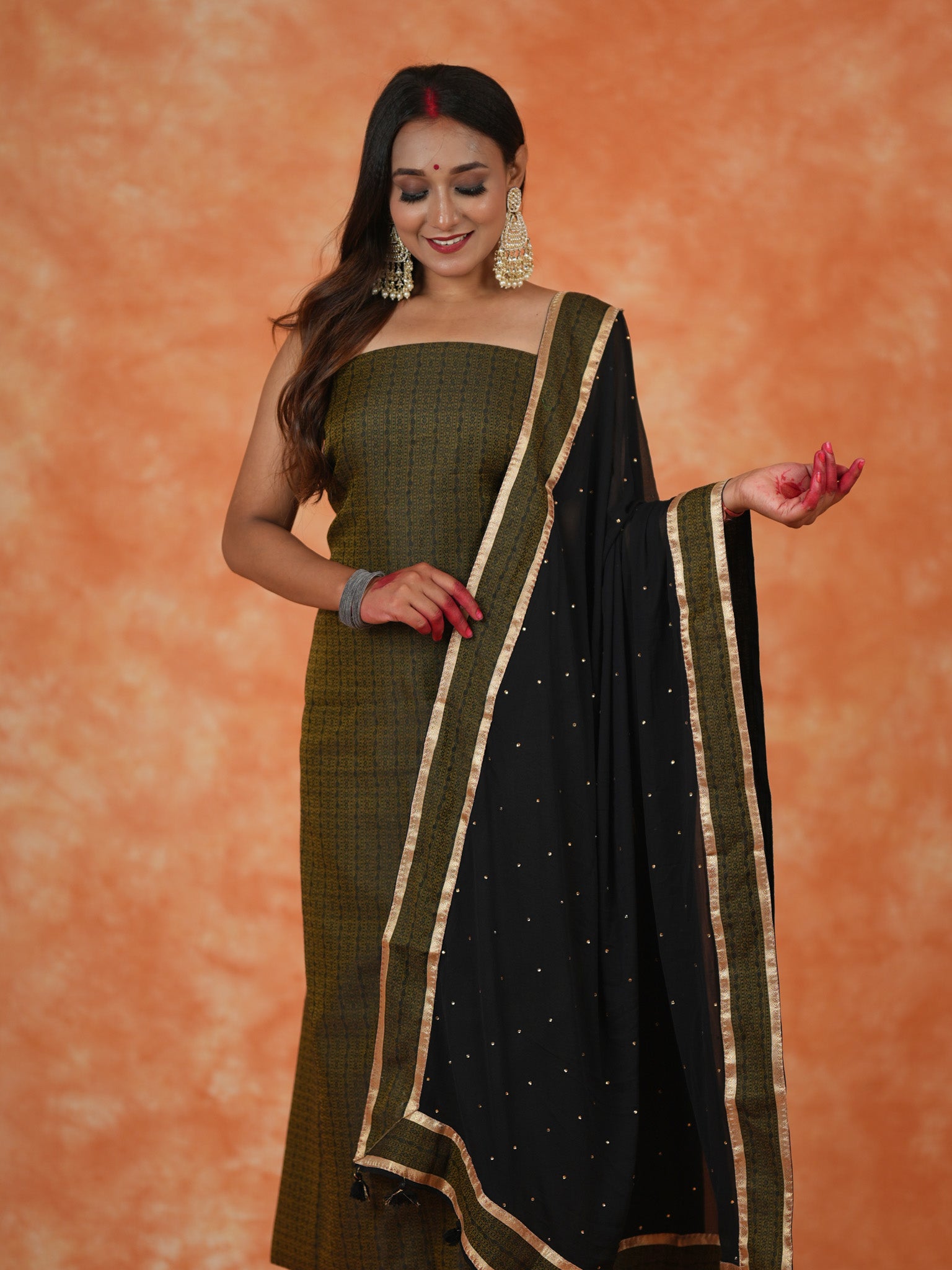 Banarasi Cotton Silk Resham Weaving Salwar Kameez Material With Black Dupatta-Deep Green