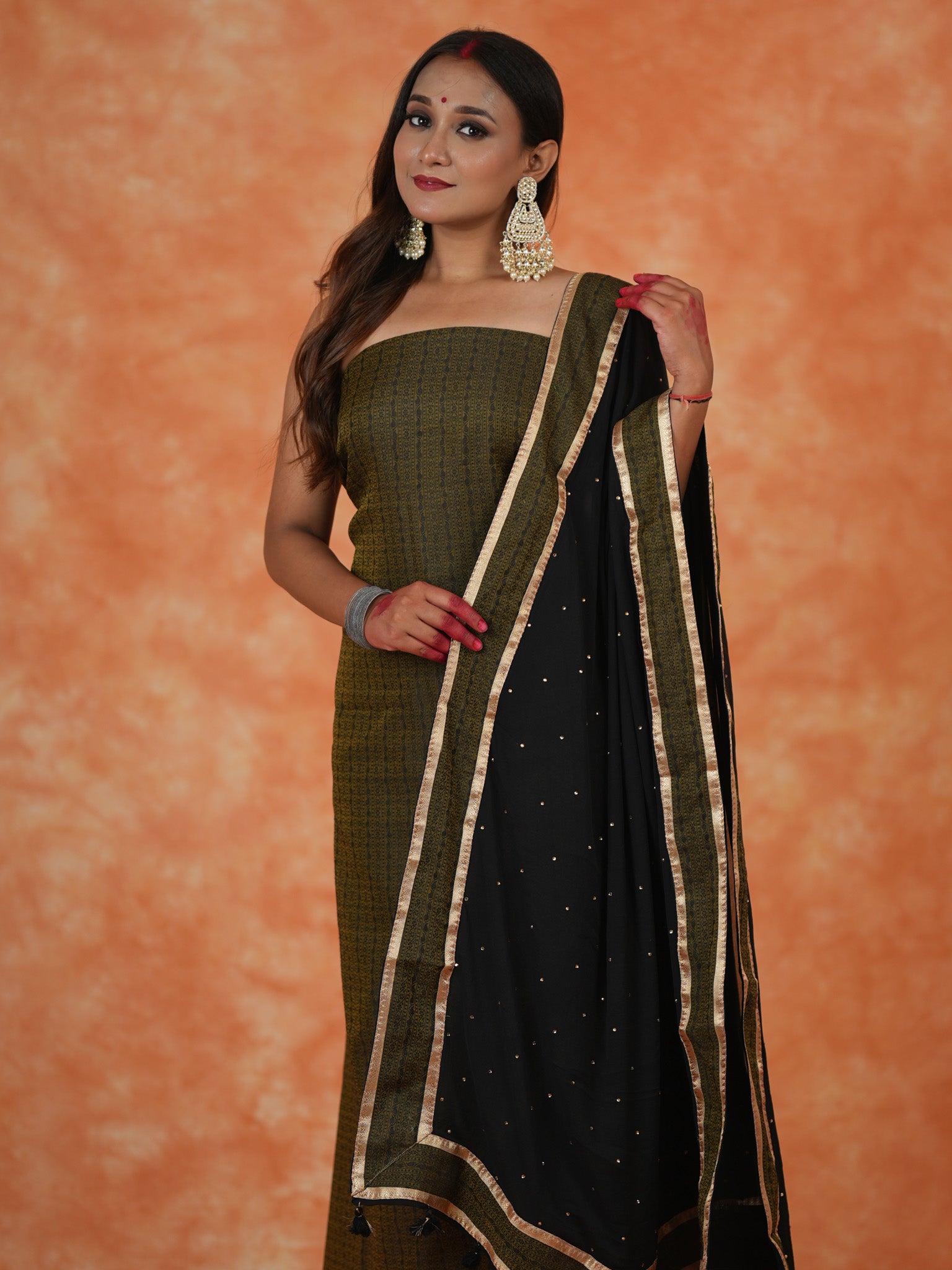 Banarasi Cotton Silk Resham Weaving Salwar Kameez Material With Black Dupatta-Deep Green