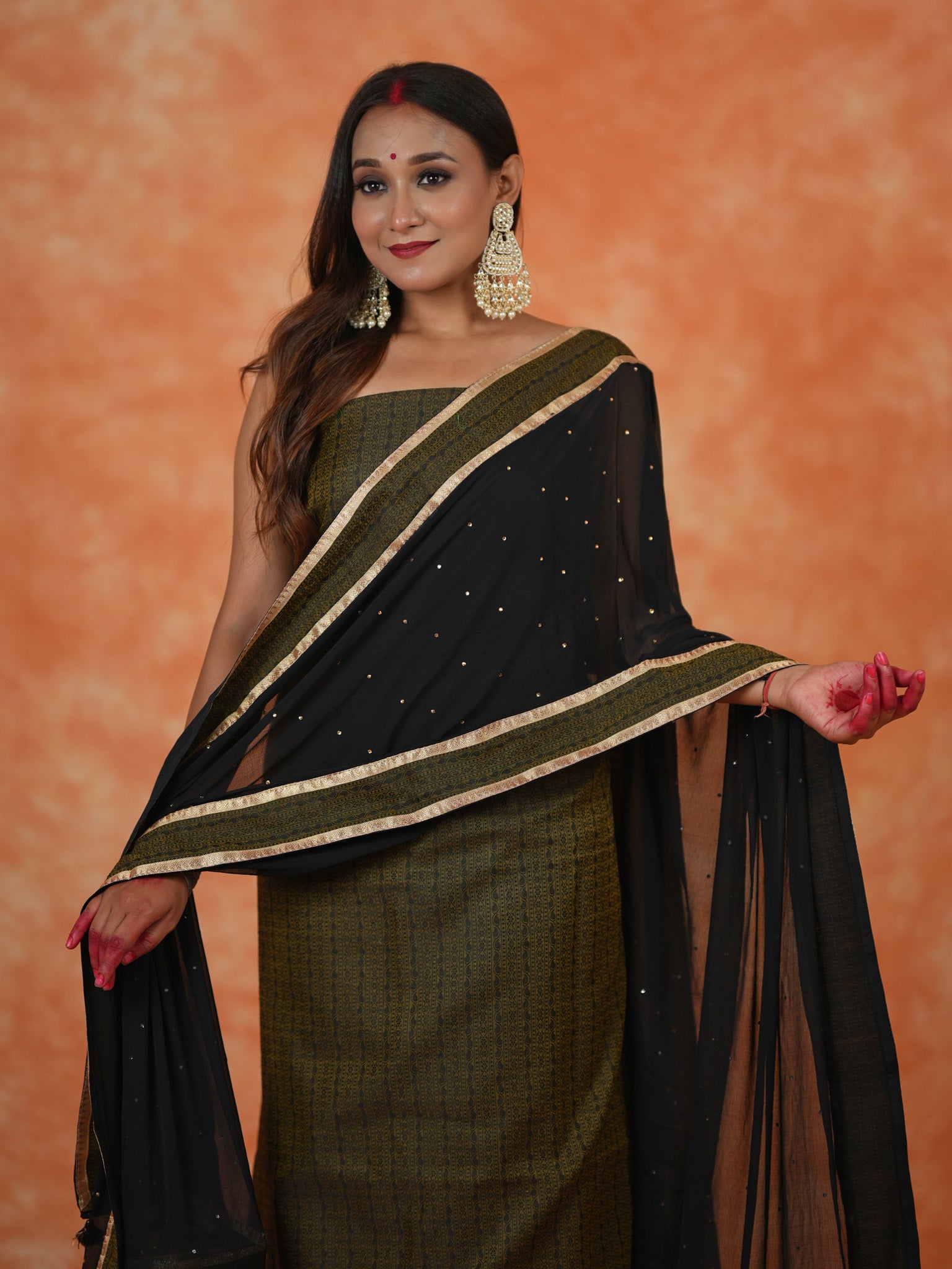 Banarasi Cotton Silk Resham Weaving Salwar Kameez Material With Black Dupatta-Deep Green