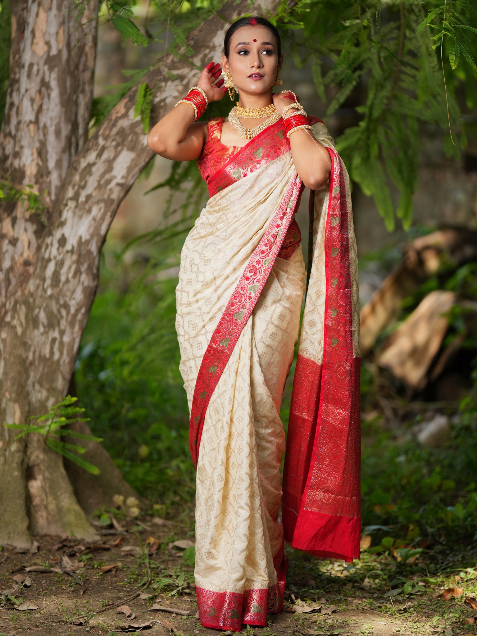 Banarasi Semi Silk Saree With Contrast Border-Off White & Red
