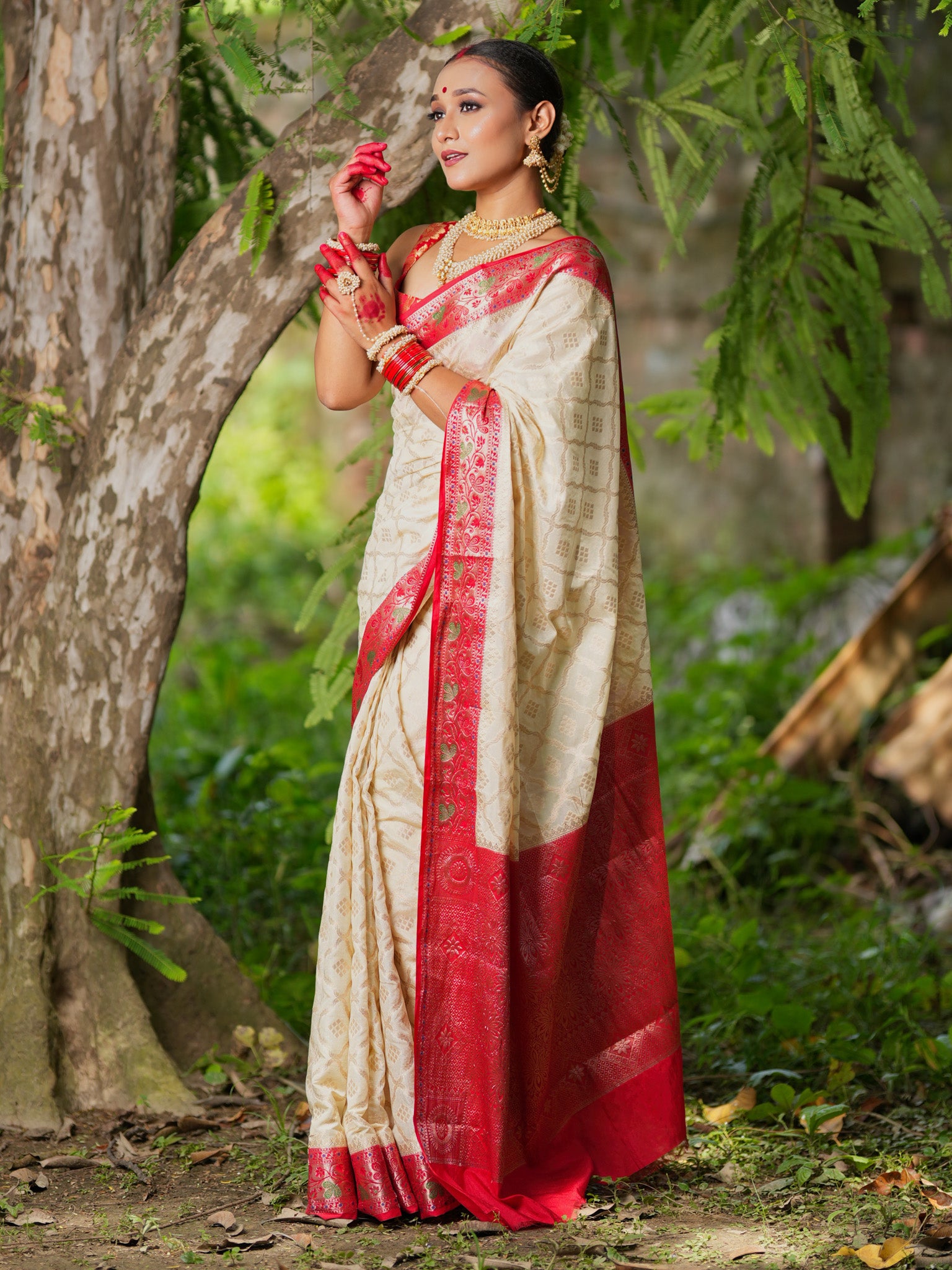 Banarasi Semi Silk Saree With Contrast Border-Off White & Red
