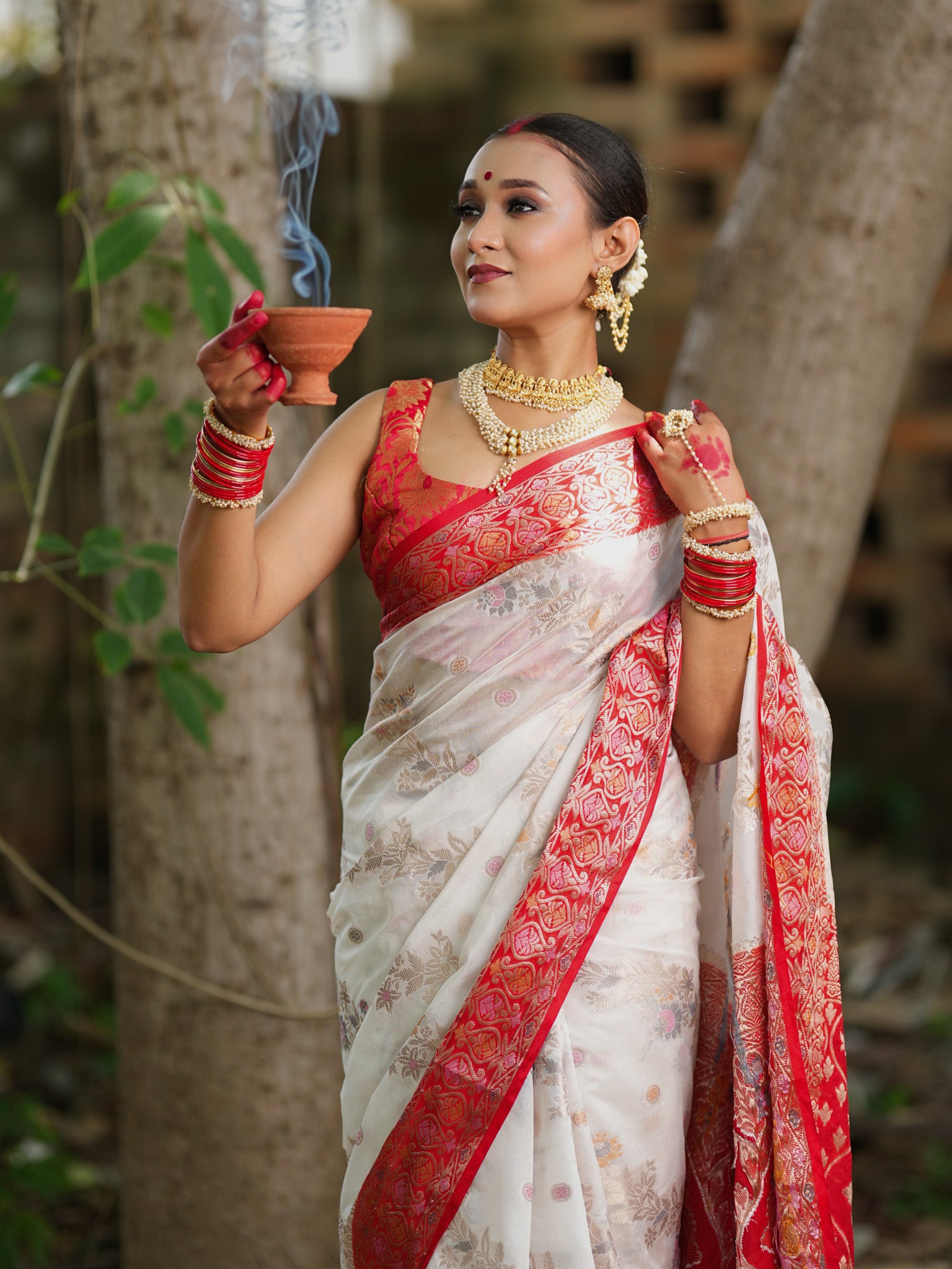Banarasi Semi Georgette Saree With Contrast Border- White & Red