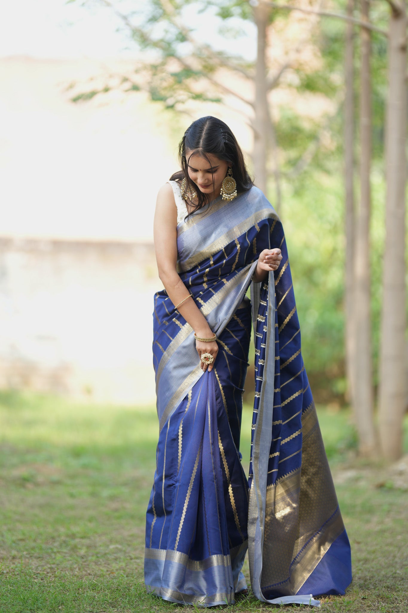 Banarasi Cotton Silk Saree With Silver Zari Border-Blue