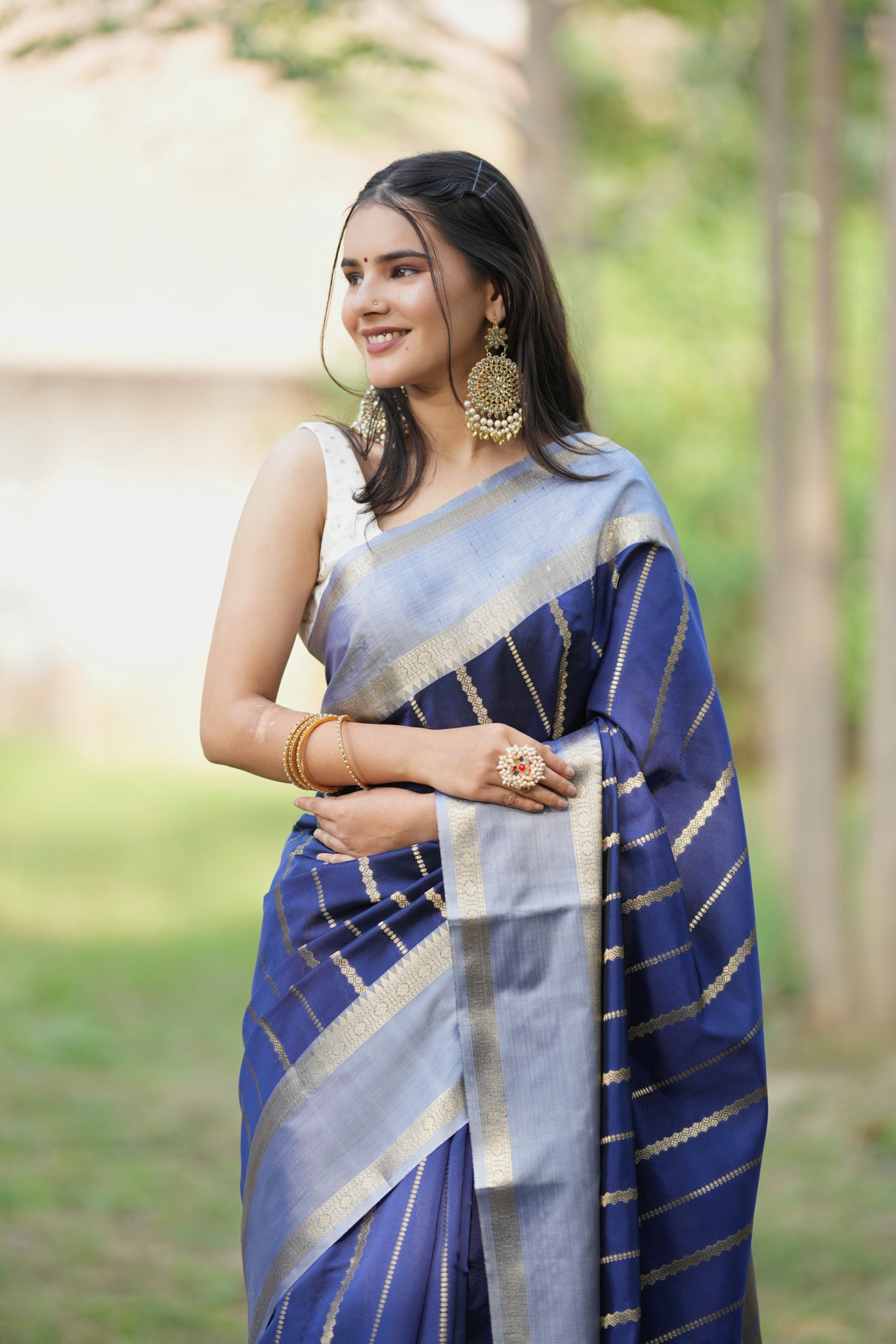 Banarasi Cotton Silk Saree With Silver Zari Border-Blue