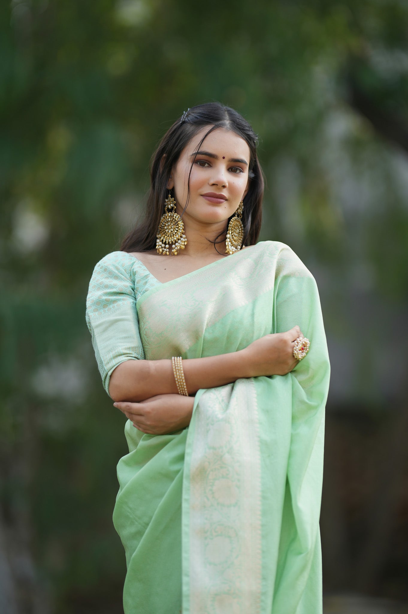 Banarasi Cotton Silk Saree with Plain Border-Pastel Green