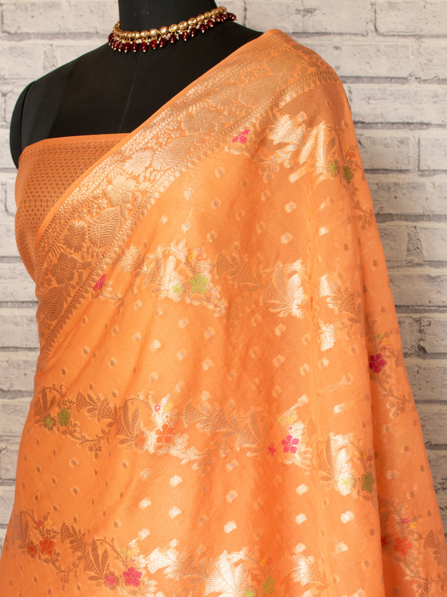 Banarasi Cotton Silk Saree Silver Zari Weaving With Border-Peach