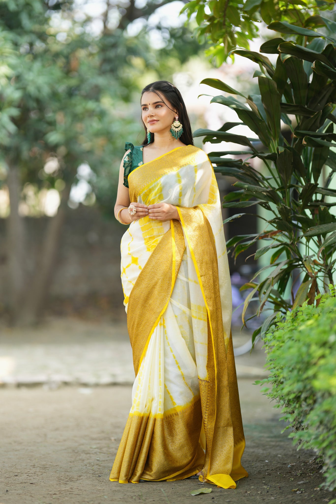 Banarasi Shibori Dyed Cotton Silk Saree With Antique Zari Border-Yellow