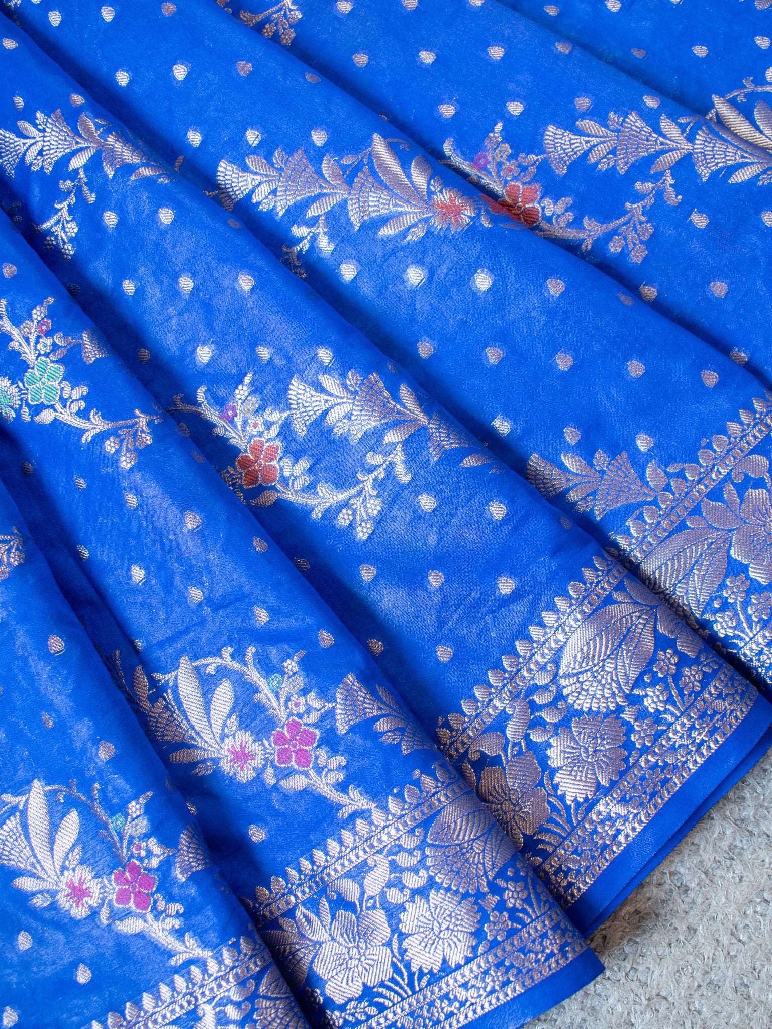 Banarasi Cotton Silk Saree Silver Zari Weaving With Border- Blue