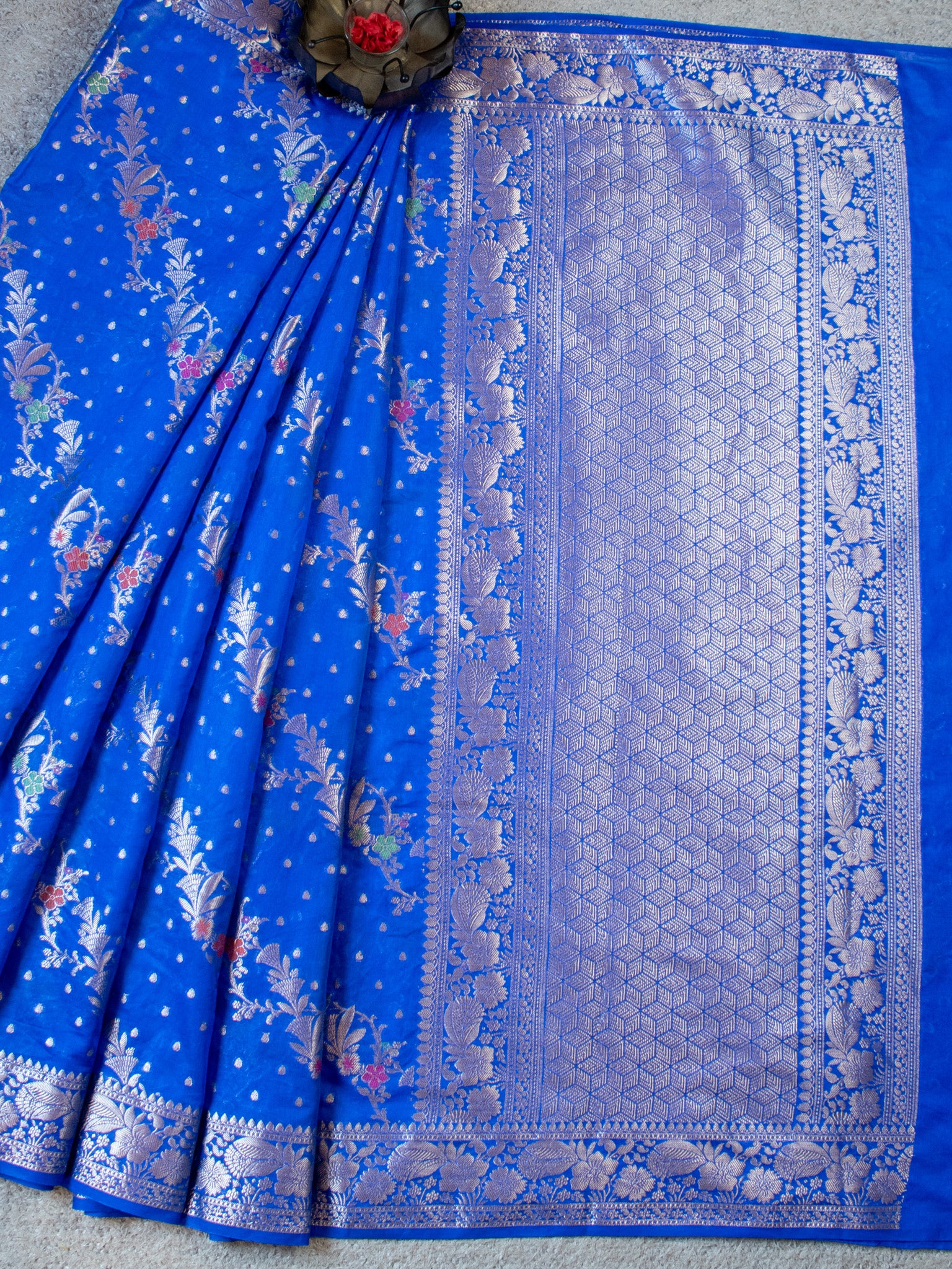 Banarasi Cotton Silk Saree Silver Zari Weaving With Border- Blue