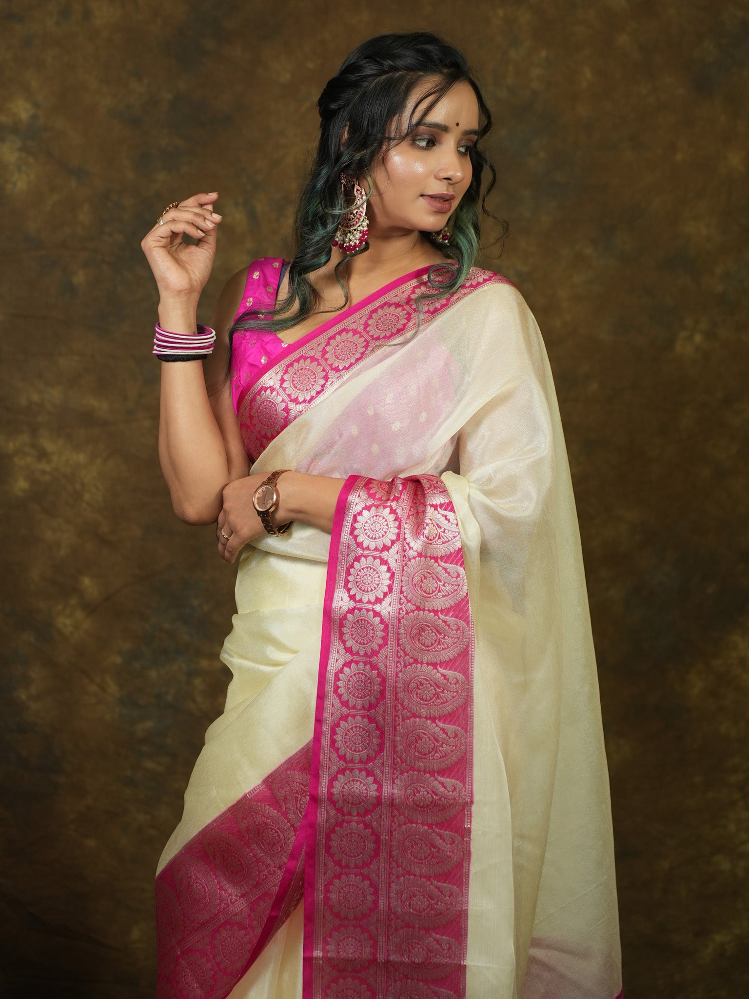 Banarasi Cotton Silk Saree With Silver Zari Weaving & Contrast Border-Off White