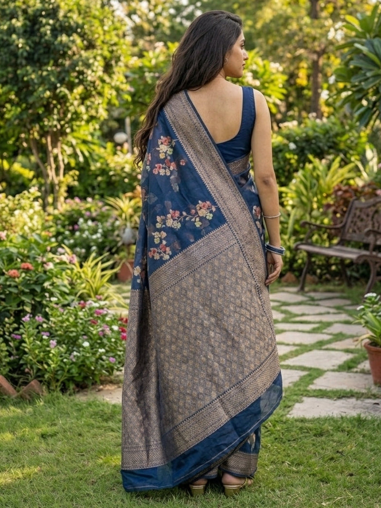 Banarasi Semi Georgette Saree with Floral Weaving & Border- Blue