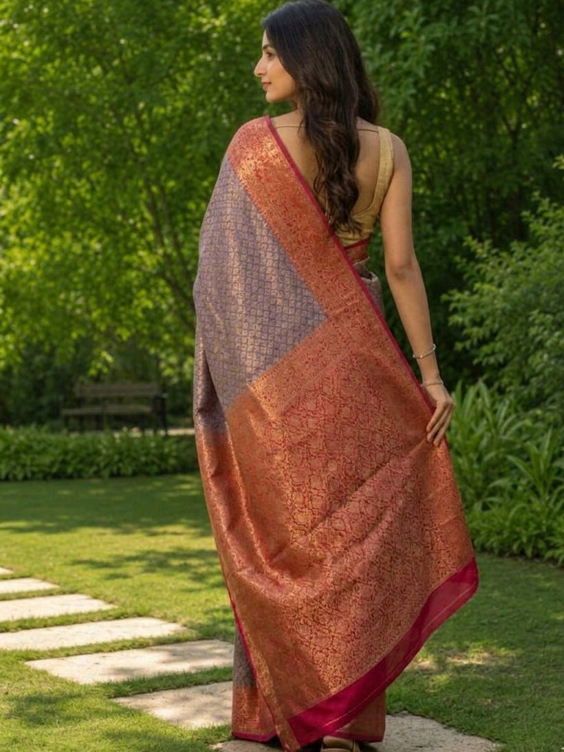 Banarasi Kora Muslin Saree With Tanchoi Weaving & Contrast Border