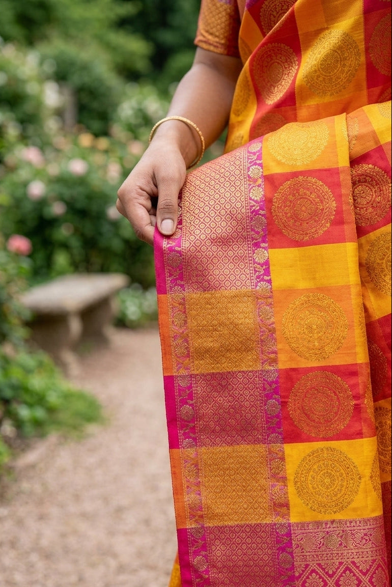 Banarasi Semi Silk Check Patterned Saree With Zari Weaving -Yellow