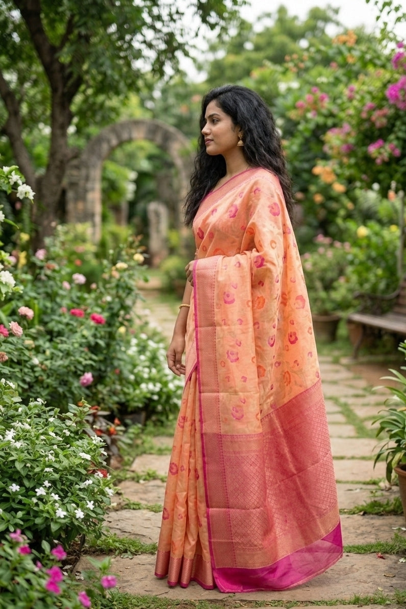 Banarasi Kora Saree With Multi Jaal Meena Weaving-Peach