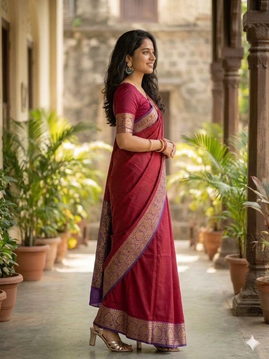 Banarasi Plain Semi Silk Saree With Contrast Pallu-Red