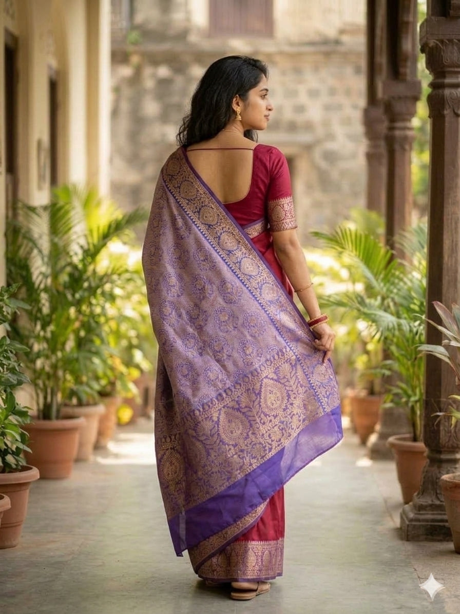 Banarasi Plain Semi Silk Saree With Contrast Pallu-Red
