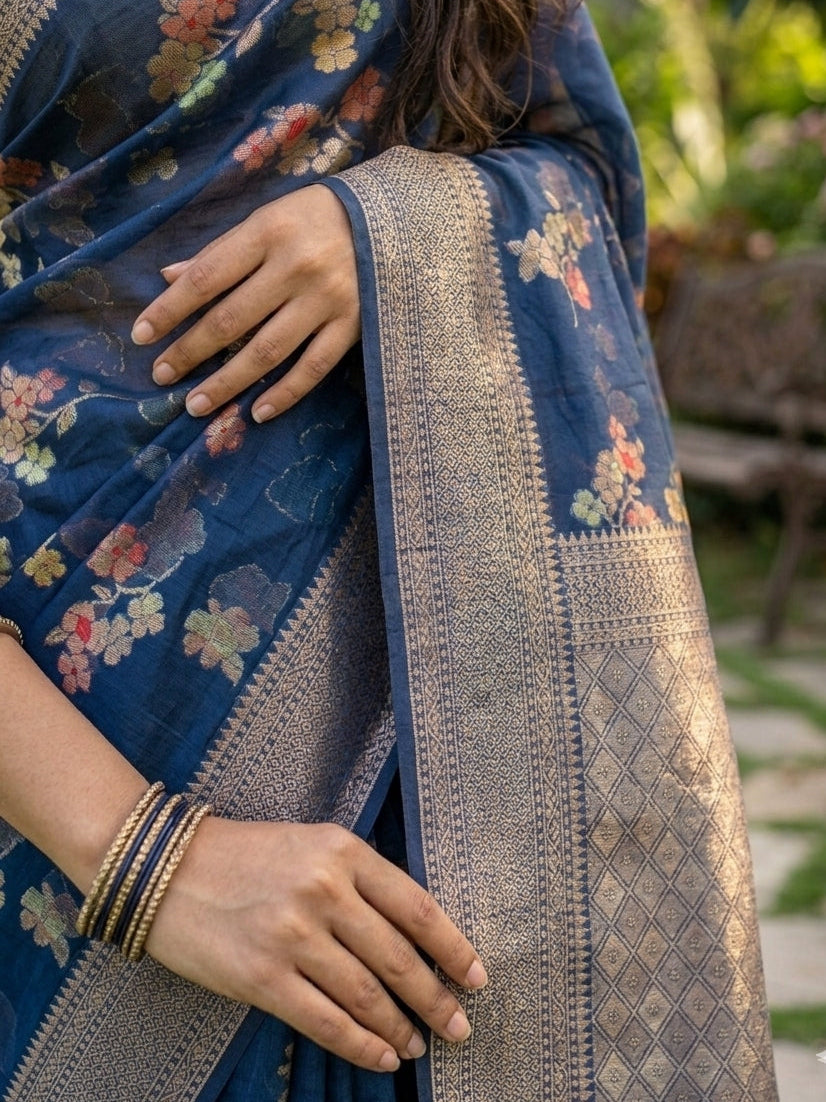 Banarasi Semi Georgette Saree with Floral Weaving & Border- Blue