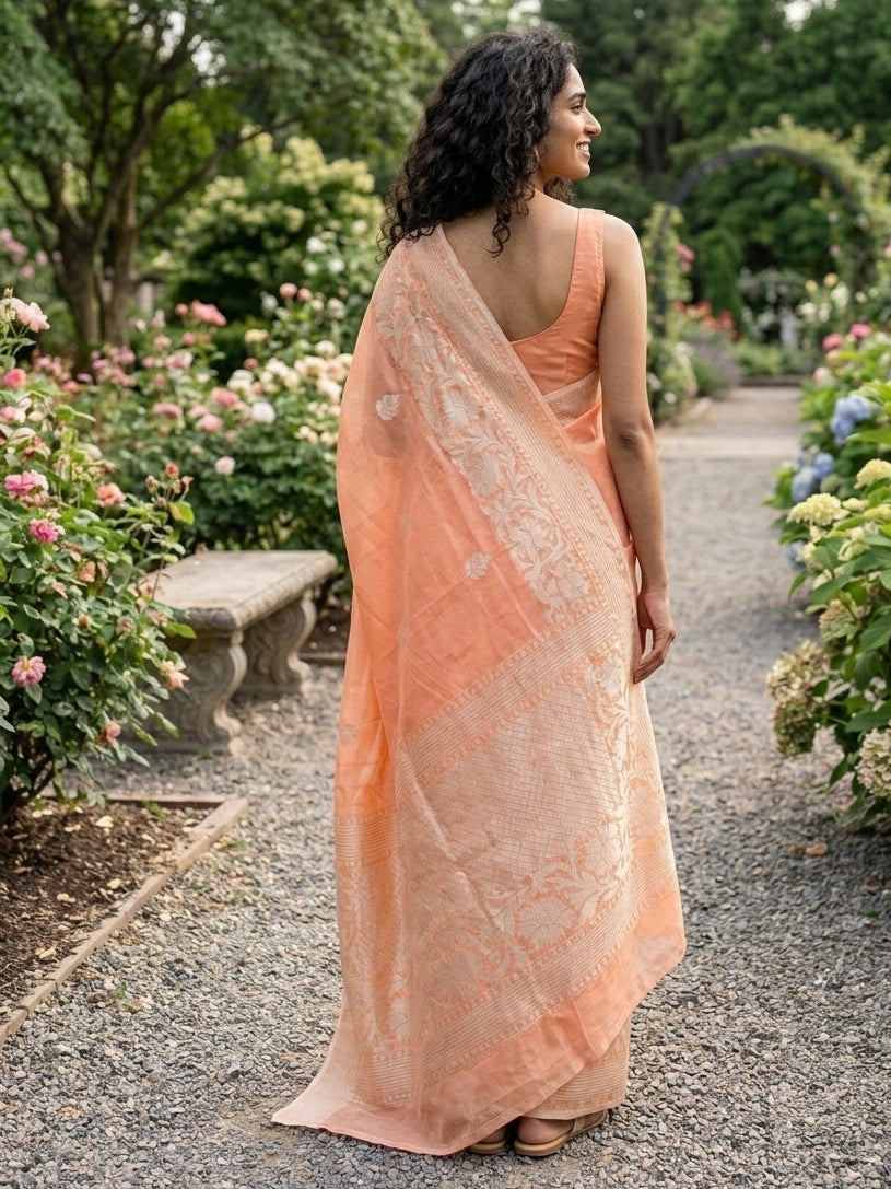 Banarasi Dupion Linen Saree With Silver Buti Weaving-Peach