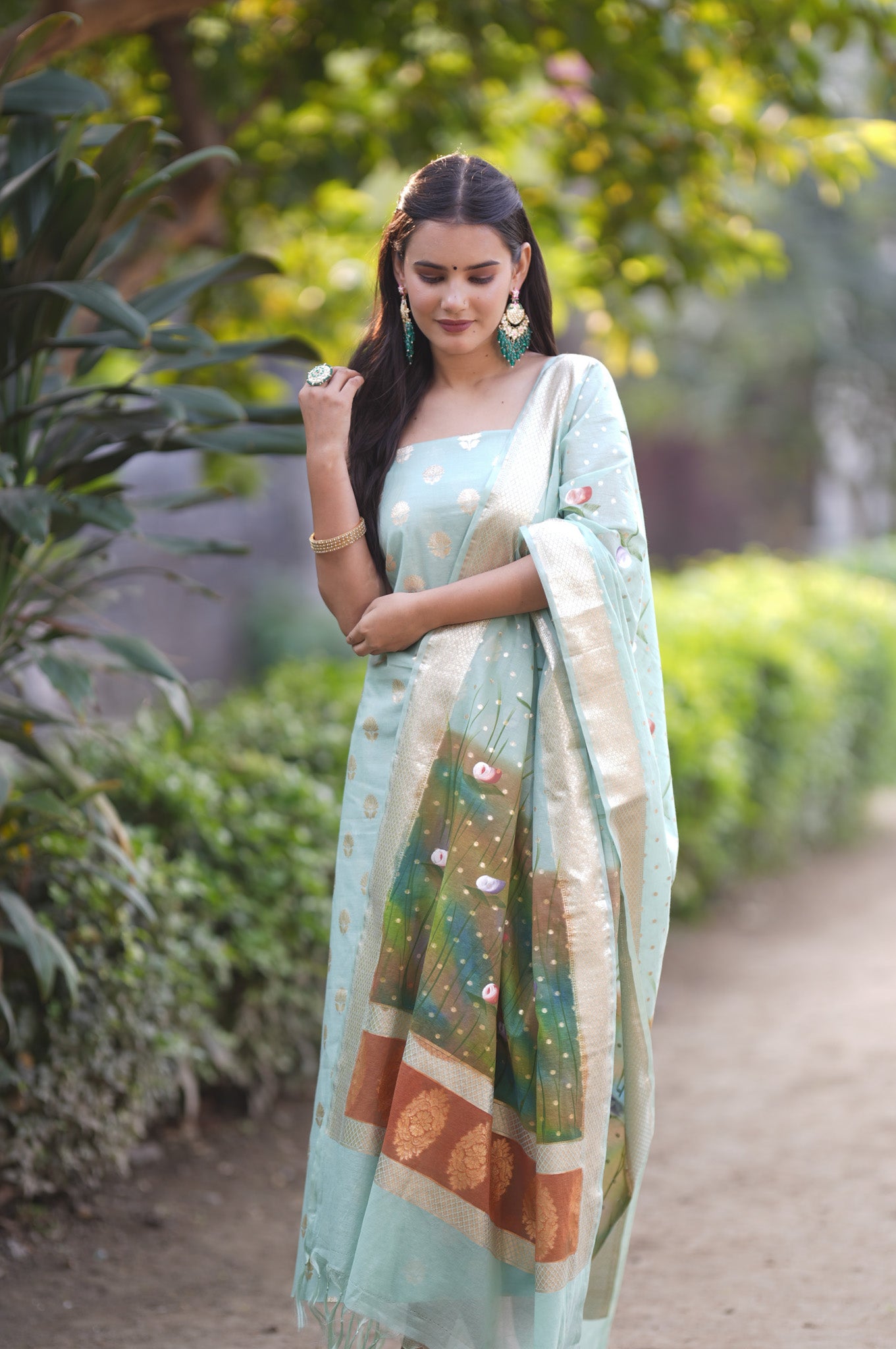 Banarasi Cotton Silk Salwar Kameez Material With Silver Zari & Hand Printed Dupatta-Blue