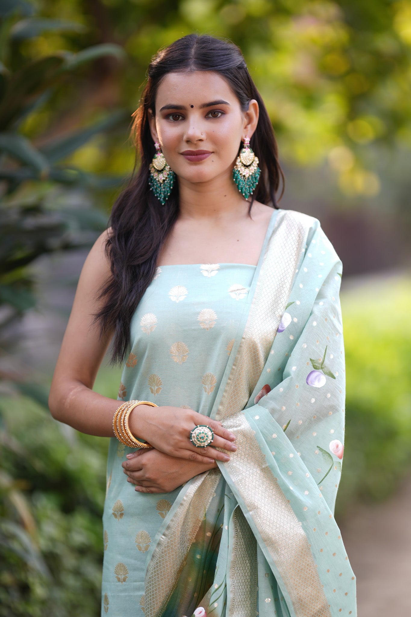 Banarasi Cotton Silk Salwar Kameez Material With Silver Zari & Hand Printed Dupatta-Blue