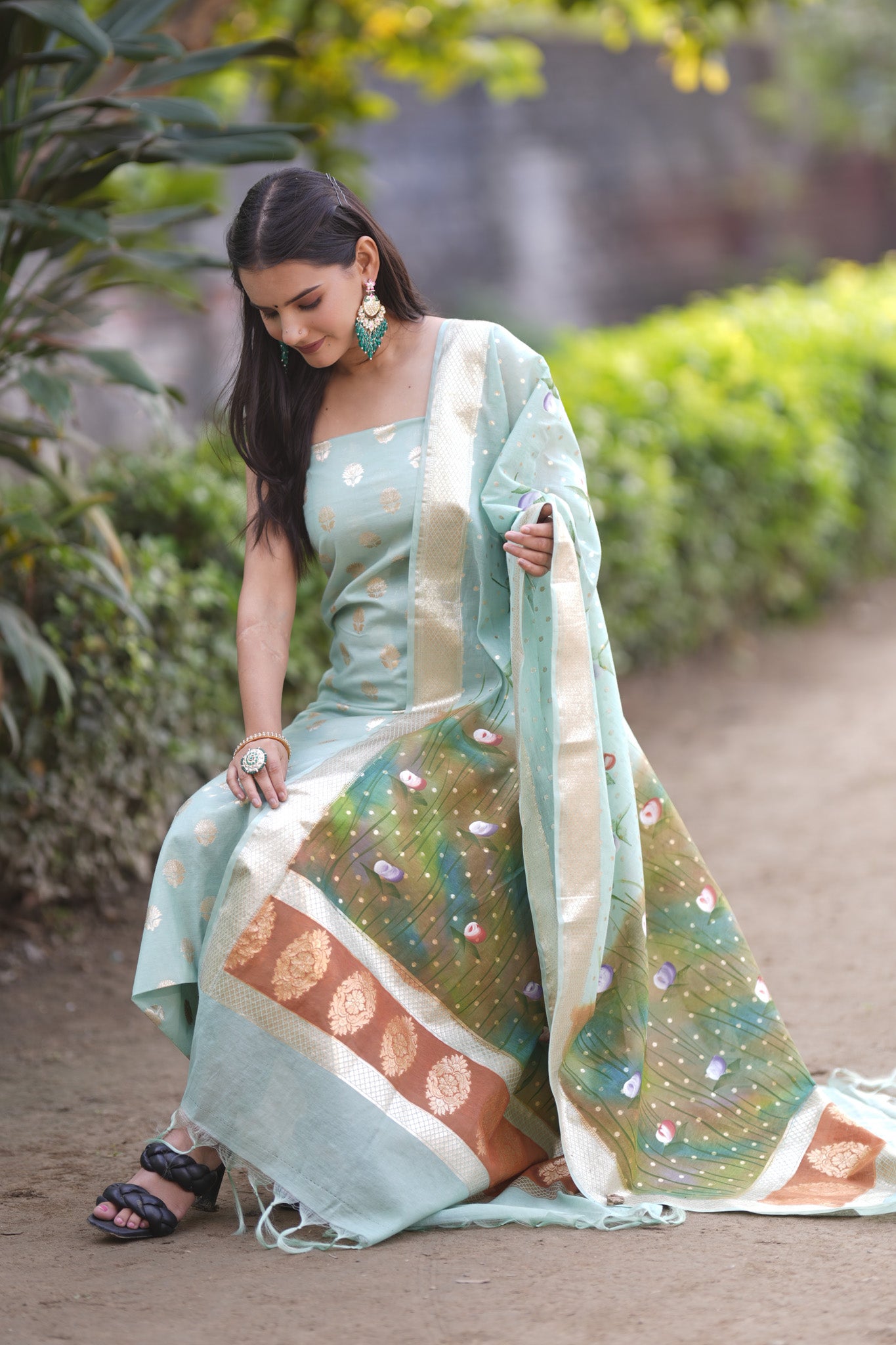 Banarasi Cotton Silk Salwar Kameez Material With Silver Zari & Hand Printed Dupatta-Blue