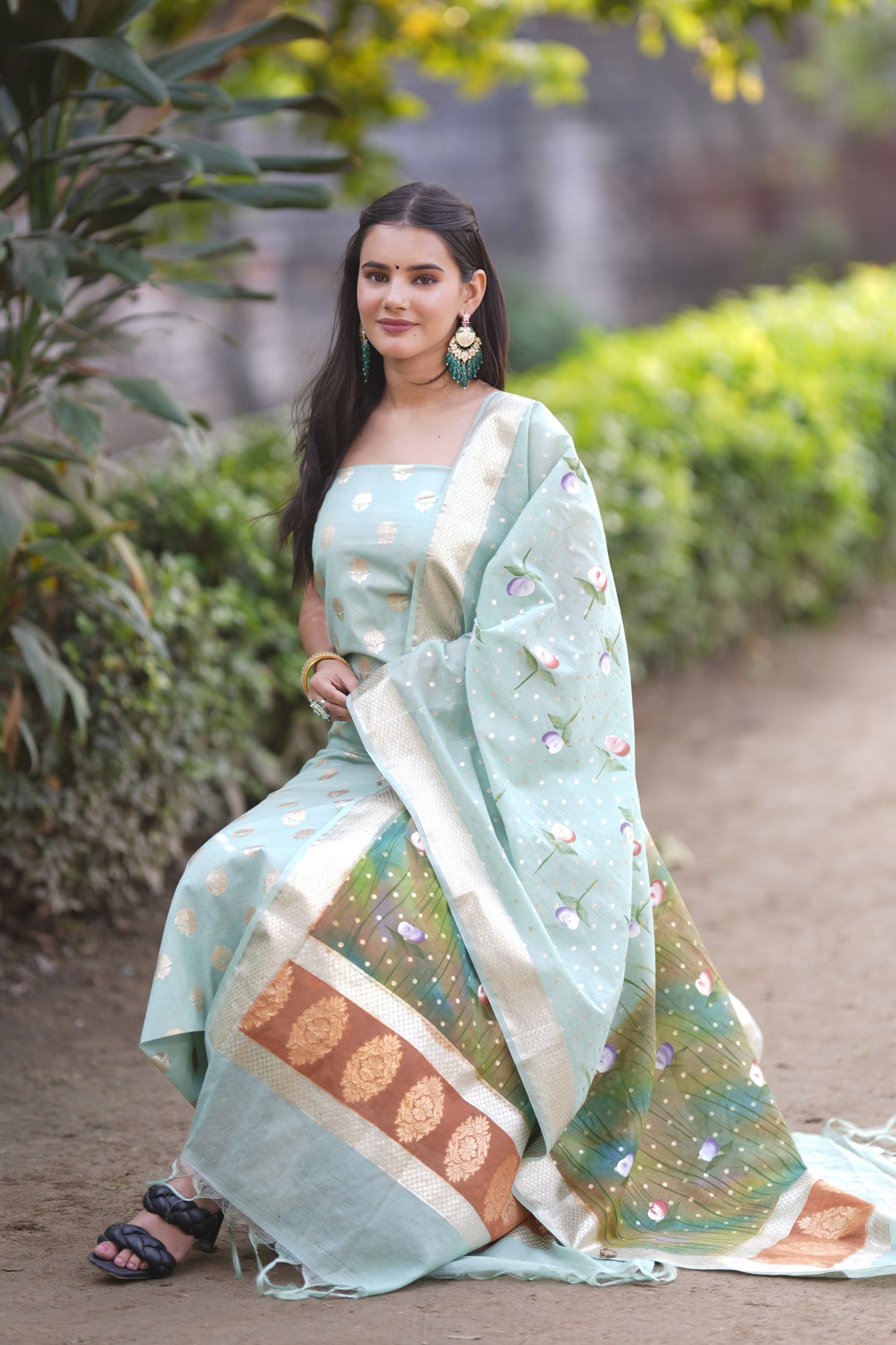 Banarasi Cotton Silk Salwar Kameez Material With Silver Zari & Hand Printed Dupatta-Blue