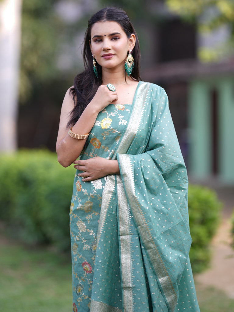 Banarasi Cotton Silk Salwar Kameez Material With Silver Zari Jaal Weaving & Dupatta-Blue