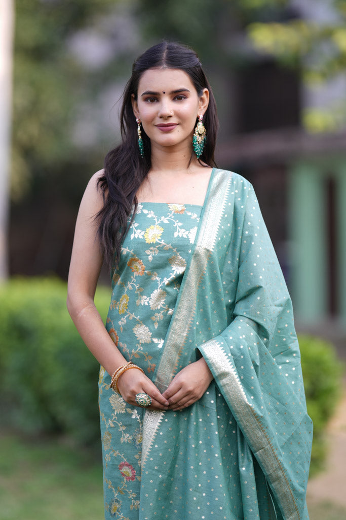 Banarasi Cotton Silk Salwar Kameez Material With Silver Zari Jaal Weaving & Dupatta-Blue