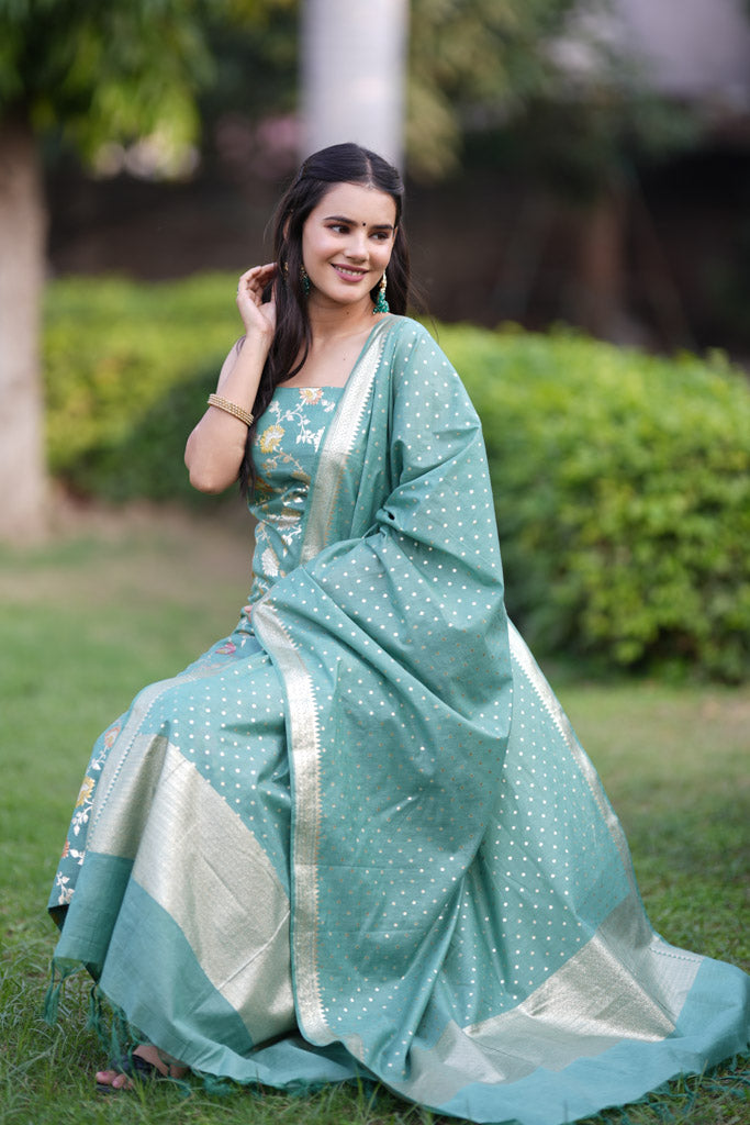Banarasi Cotton Silk Salwar Kameez Material With Silver Zari Jaal Weaving & Dupatta-Blue