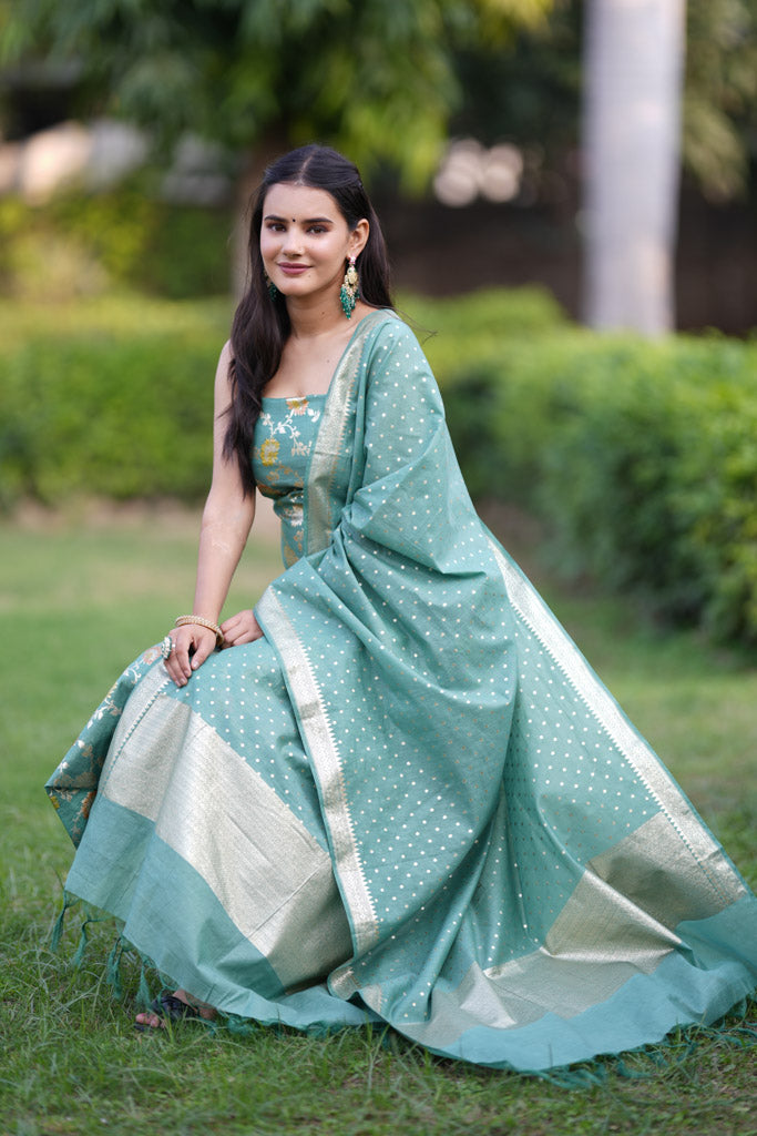 Banarasi Cotton Silk Salwar Kameez Material With Silver Zari Jaal Weaving & Dupatta-Blue