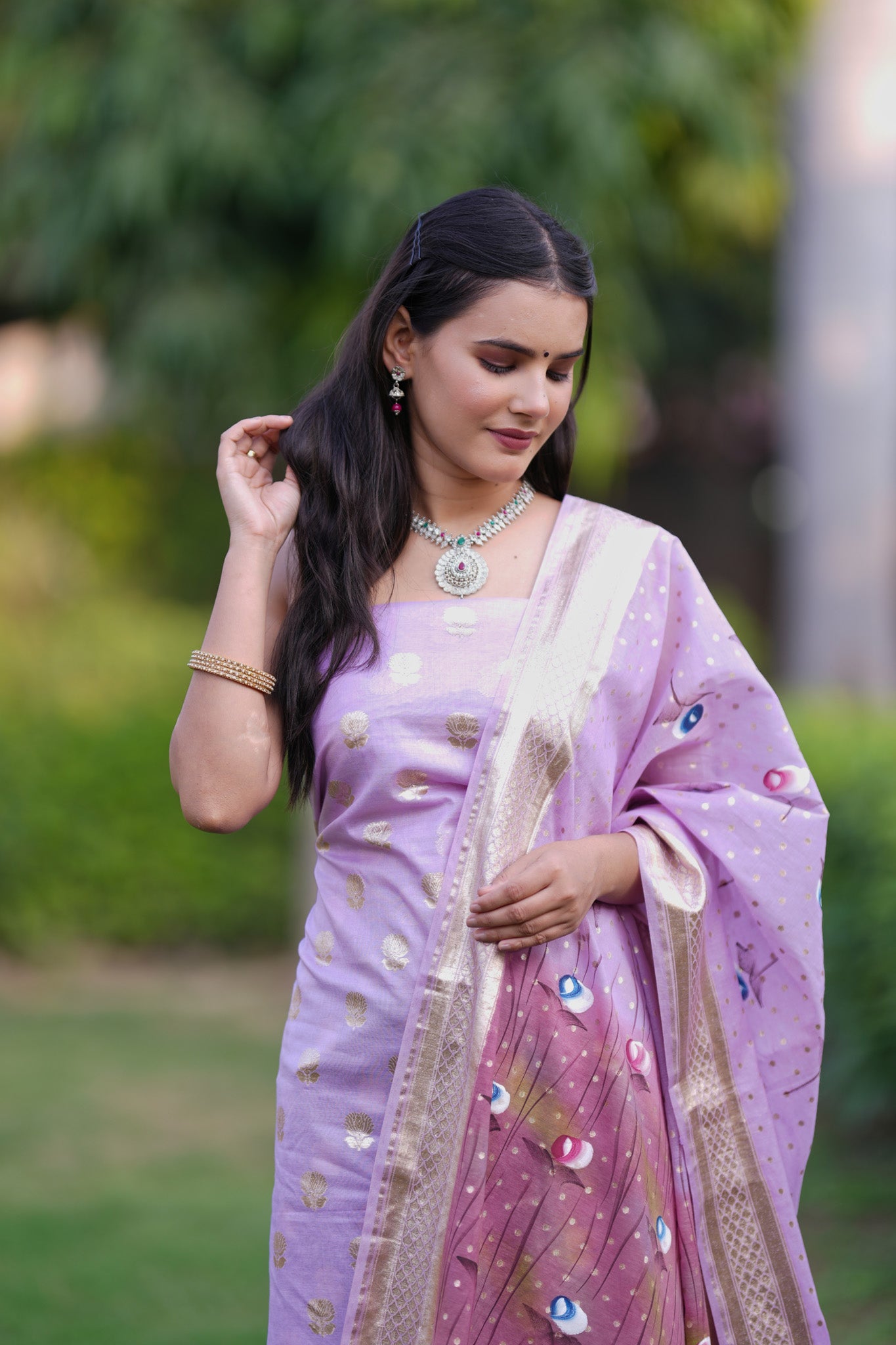 Banarasi Cotton Silk Salwar Kameez Material With Silver Zari & Hand Printed Dupatta-Purple