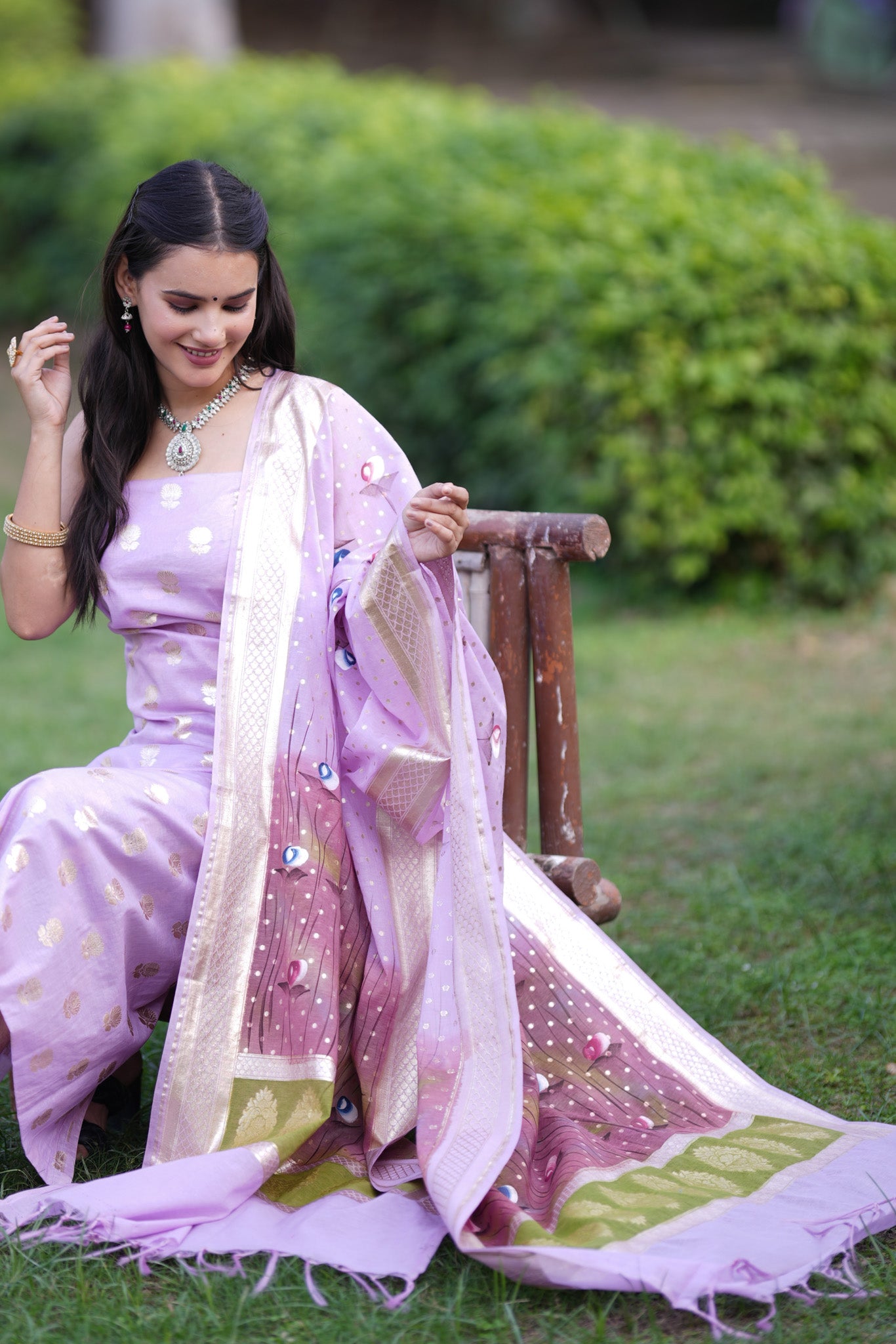 Banarasi Cotton Silk Salwar Kameez Material With Silver Zari & Hand Printed Dupatta-Purple