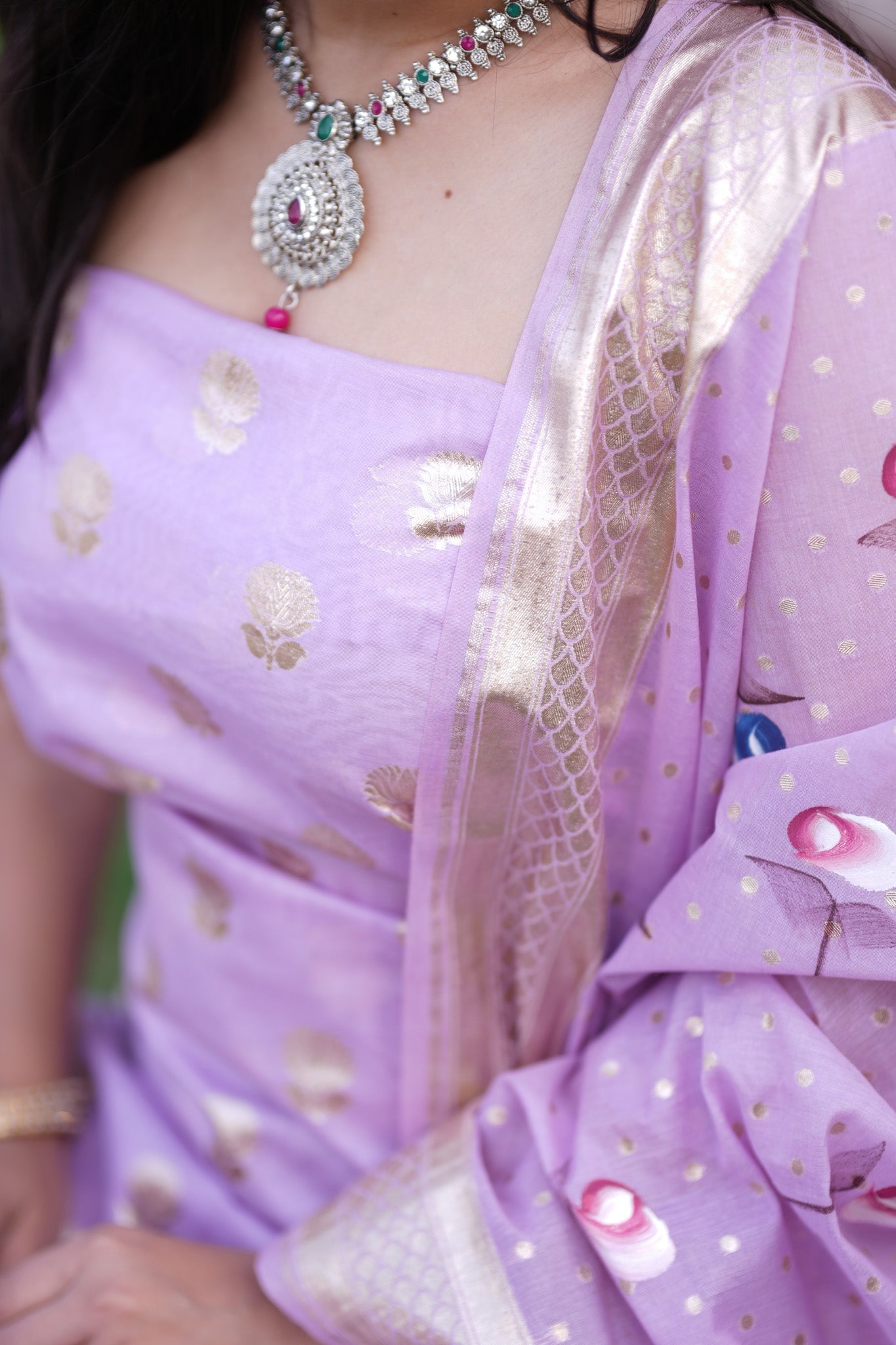 Banarasi Cotton Silk Salwar Kameez Material With Silver Zari & Hand Printed Dupatta-Purple