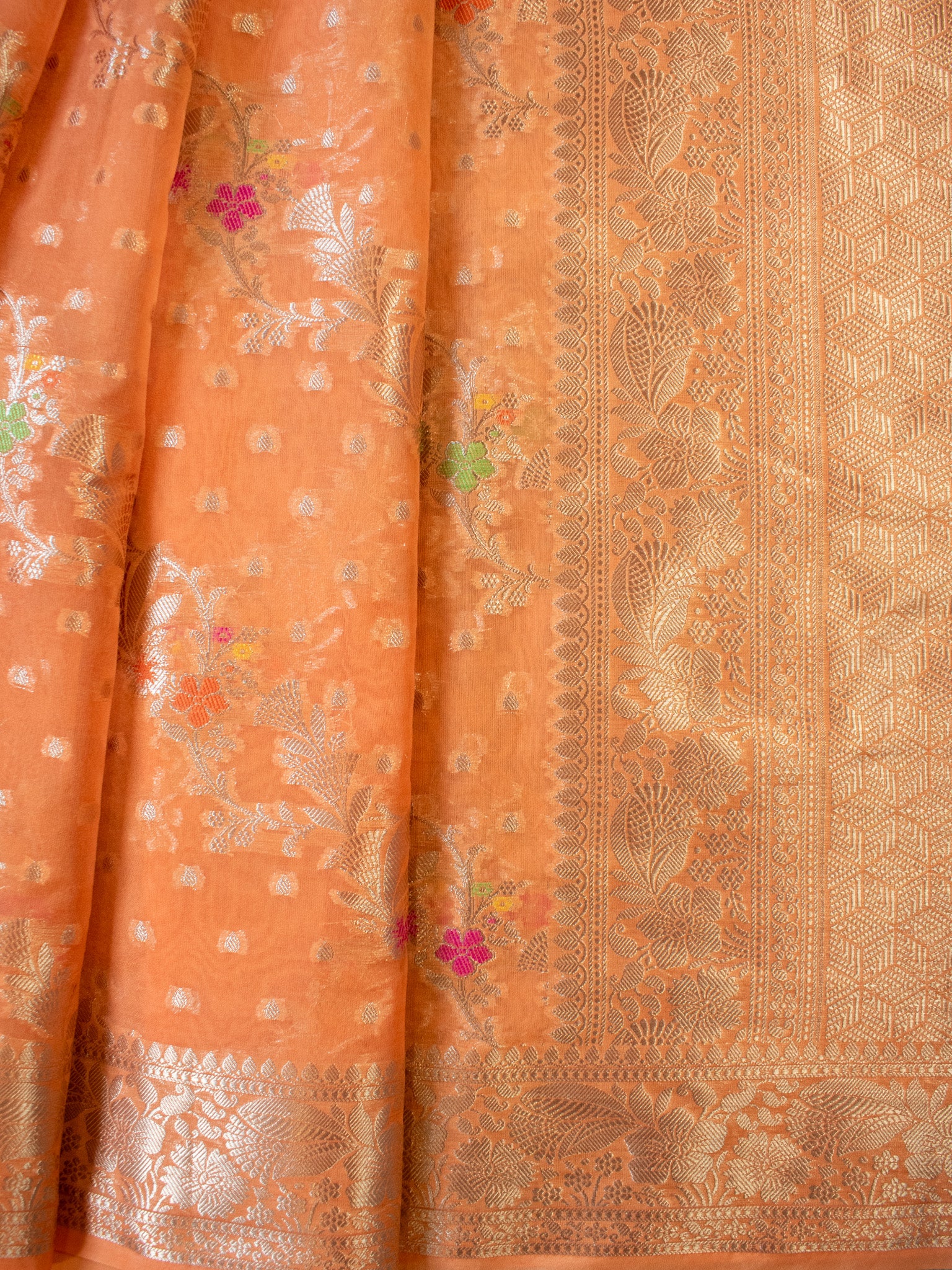 Banarasi Cotton Silk Saree Silver Zari Weaving With Border-Peach