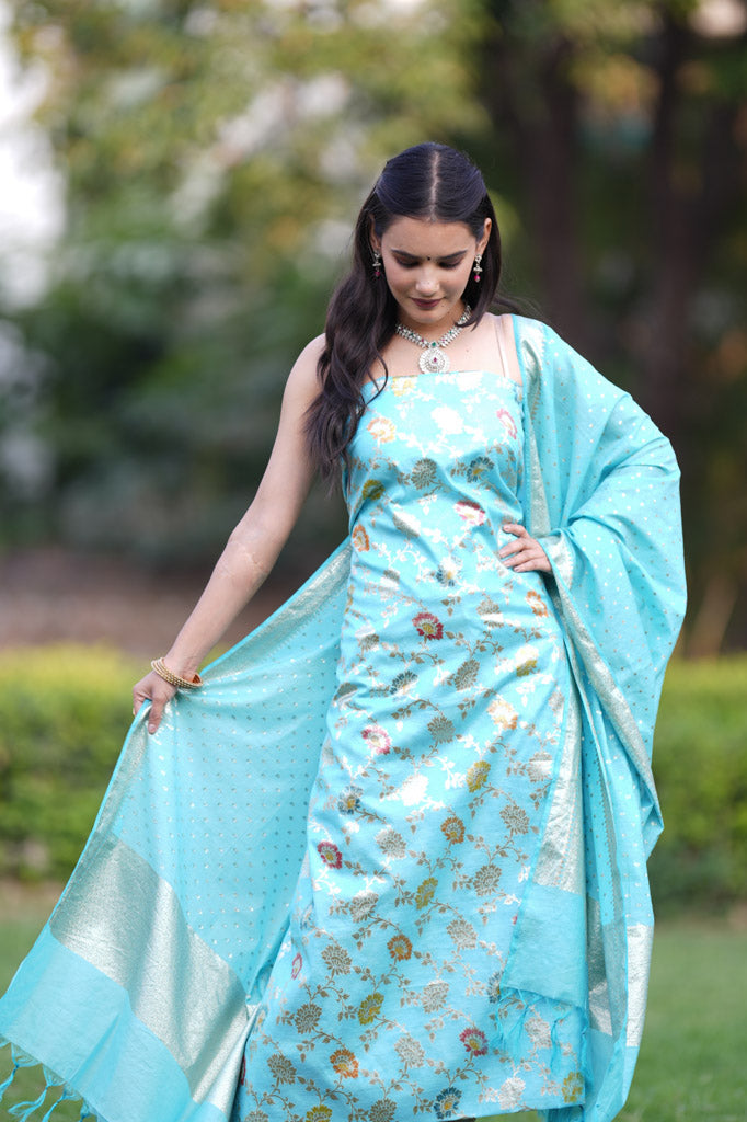 Banarasi Cotton Silk Salwar Kameez Material With Silver Zari Jaal Weaving & Dupatta-Blue
