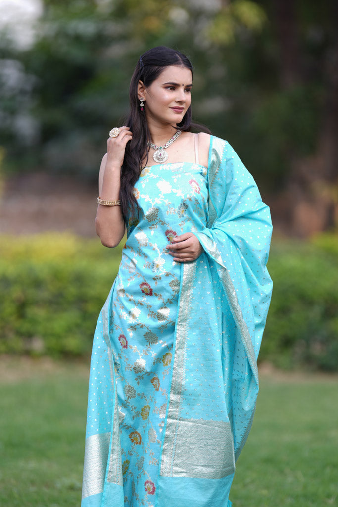 Banarasi Cotton Silk Salwar Kameez Material With Silver Zari Jaal Weaving & Dupatta-Blue
