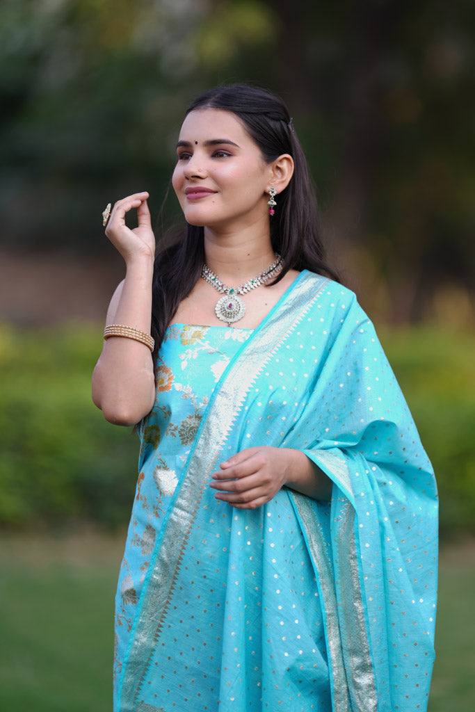 Banarasi Cotton Silk Salwar Kameez Material With Silver Zari Jaal Weaving & Dupatta-Blue