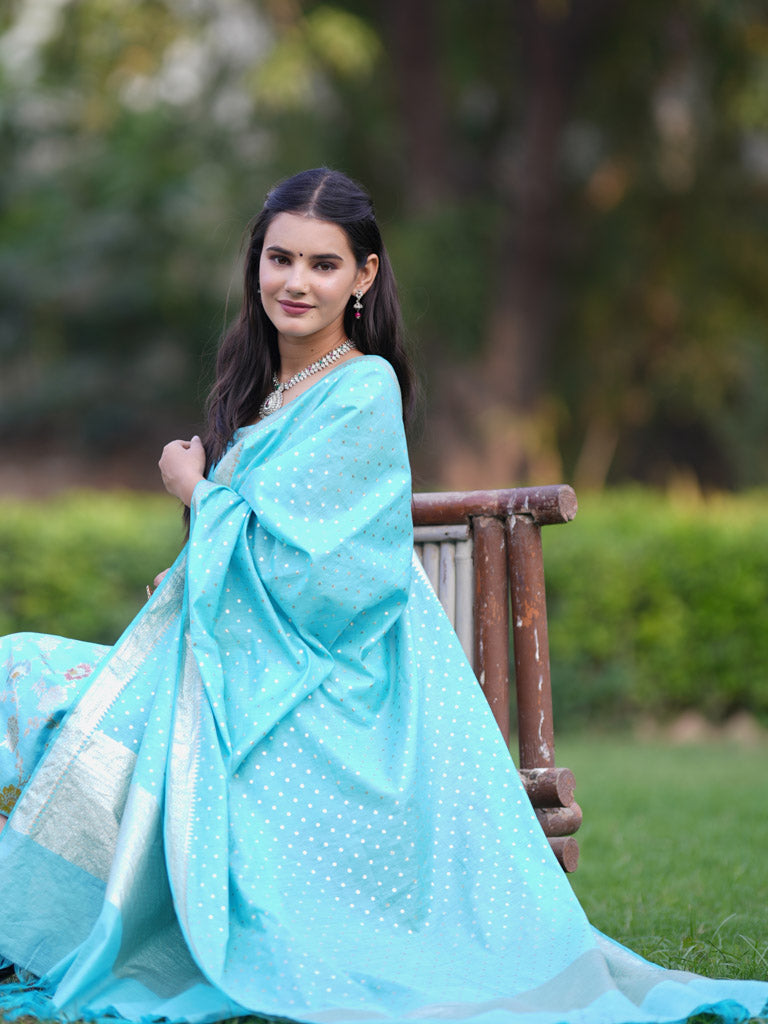 Banarasi Cotton Silk Salwar Kameez Material With Silver Zari Jaal Weaving & Dupatta-Blue