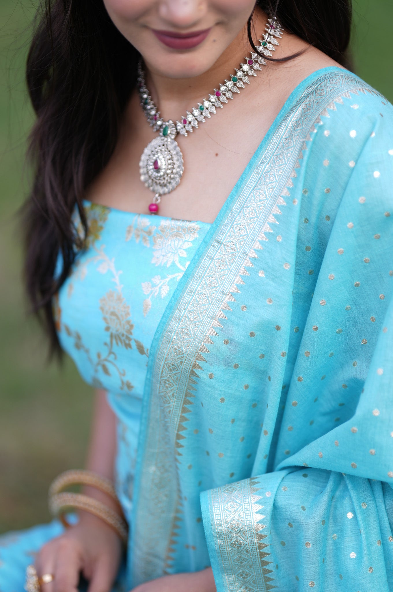 Banarasi Cotton Silk Salwar Kameez Material With Silver Zari Jaal Weaving & Dupatta-Blue