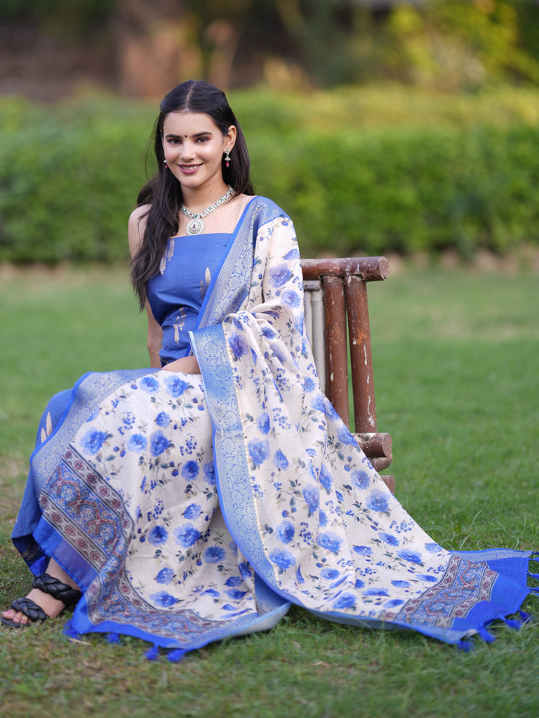 Banarasi Cotton Salwar Kameez Material With Silver Zari Weaving & Dupatta-Blue